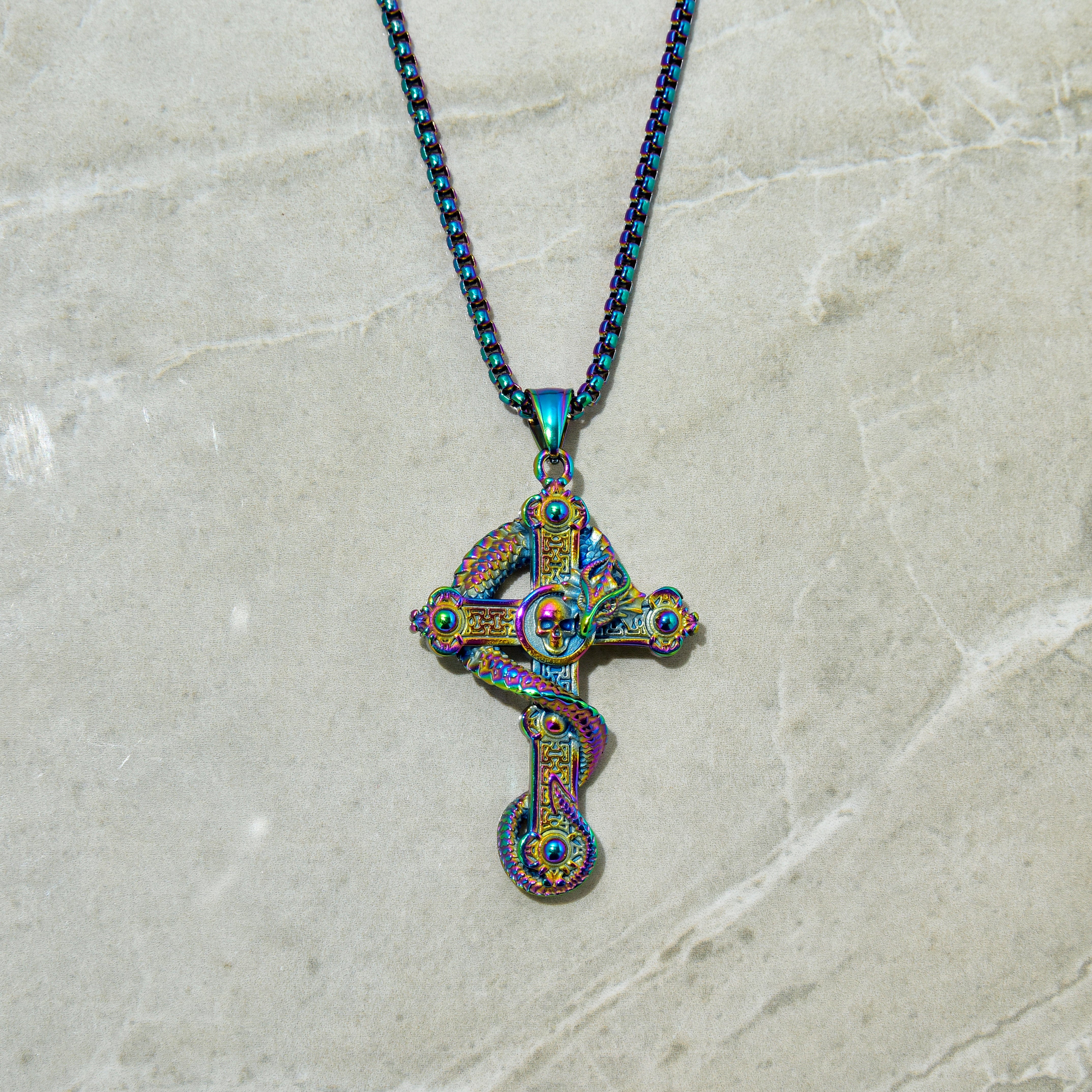 Kalifano Steel Hearts Jewelry Aurora Borealis Dragon Cross Steel Hearts Necklace SHN515-AB