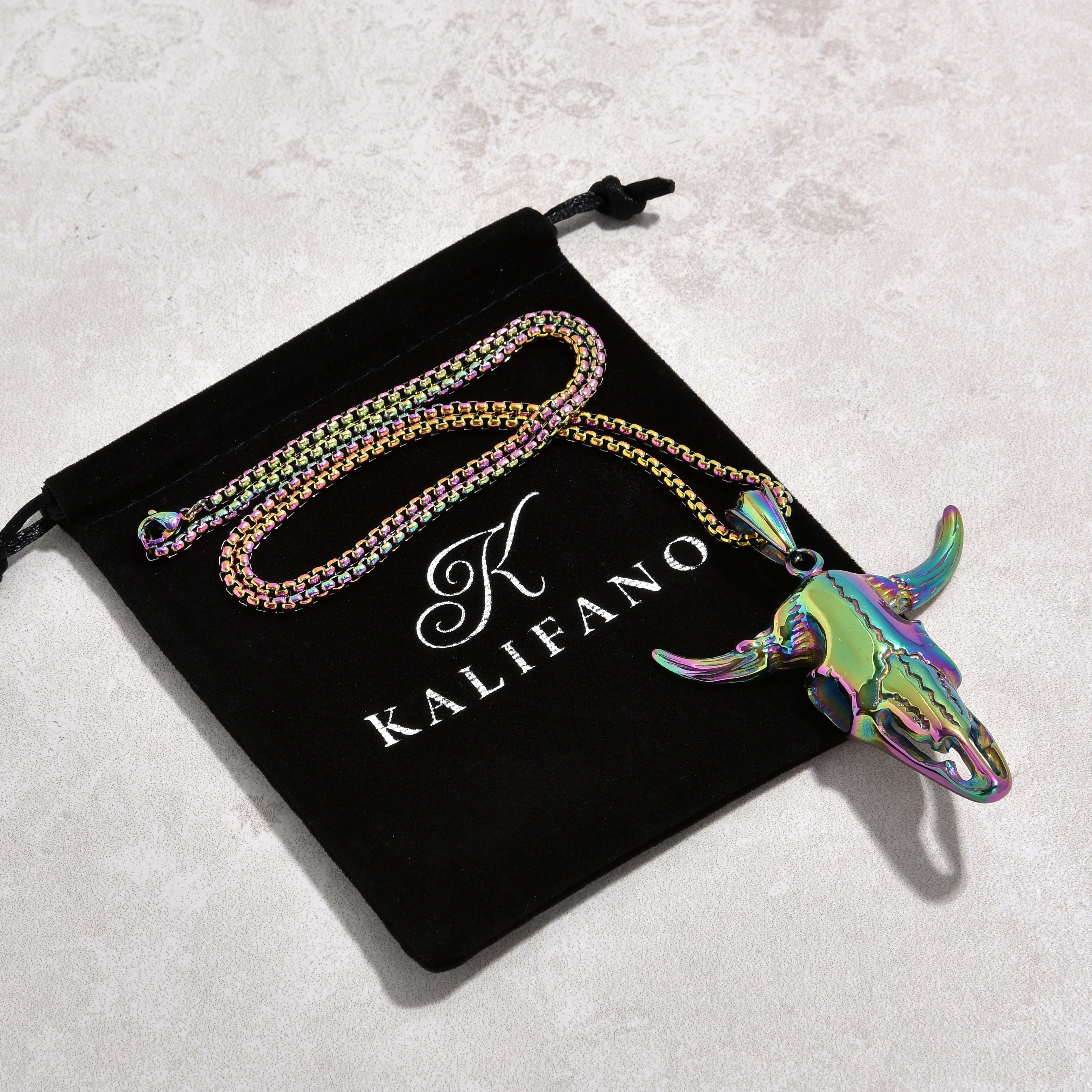 Kalifano Steel Hearts Jewelry Aurora Borealis Large Bull Skull Steel Hearts Necklace SHN529-AB
