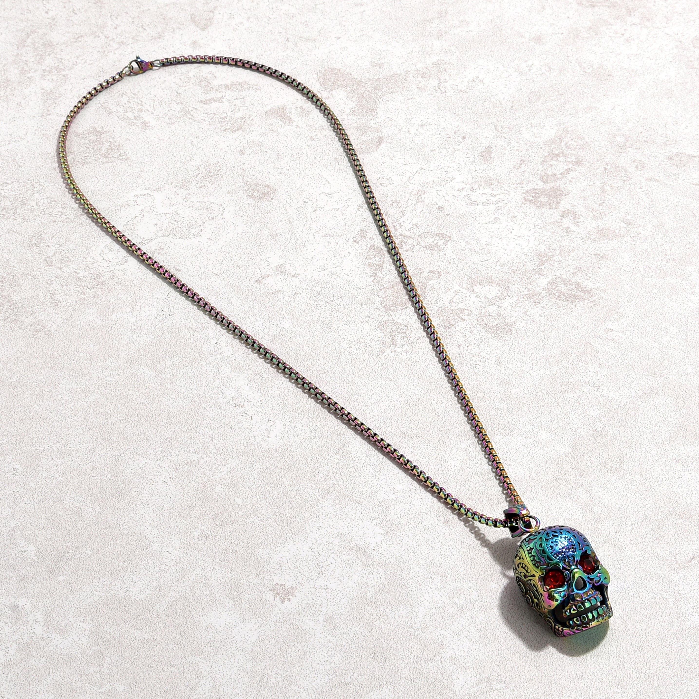 Kalifano Steel Hearts Jewelry Aurora Borealis Skull Steel Hearts Necklace SHN527-AB-R