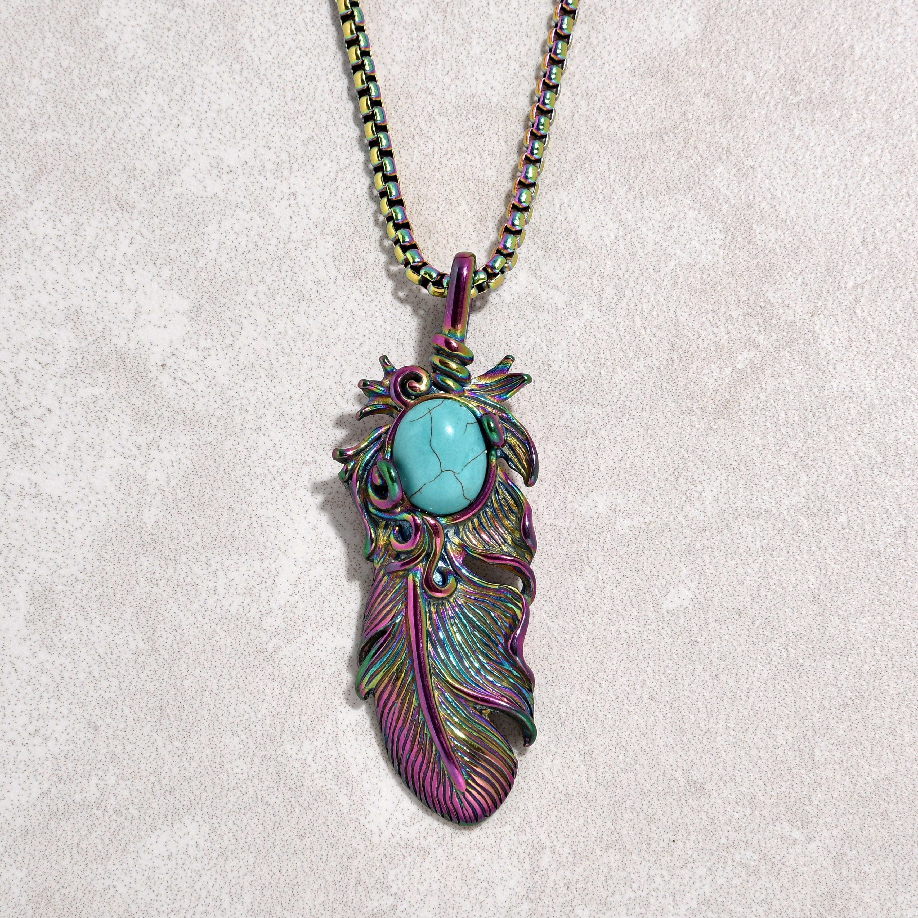 Kalifano Steel Hearts Jewelry Aurora Borealis Turquoise Feather Steel Hearts Necklace SHN512AB-TQ