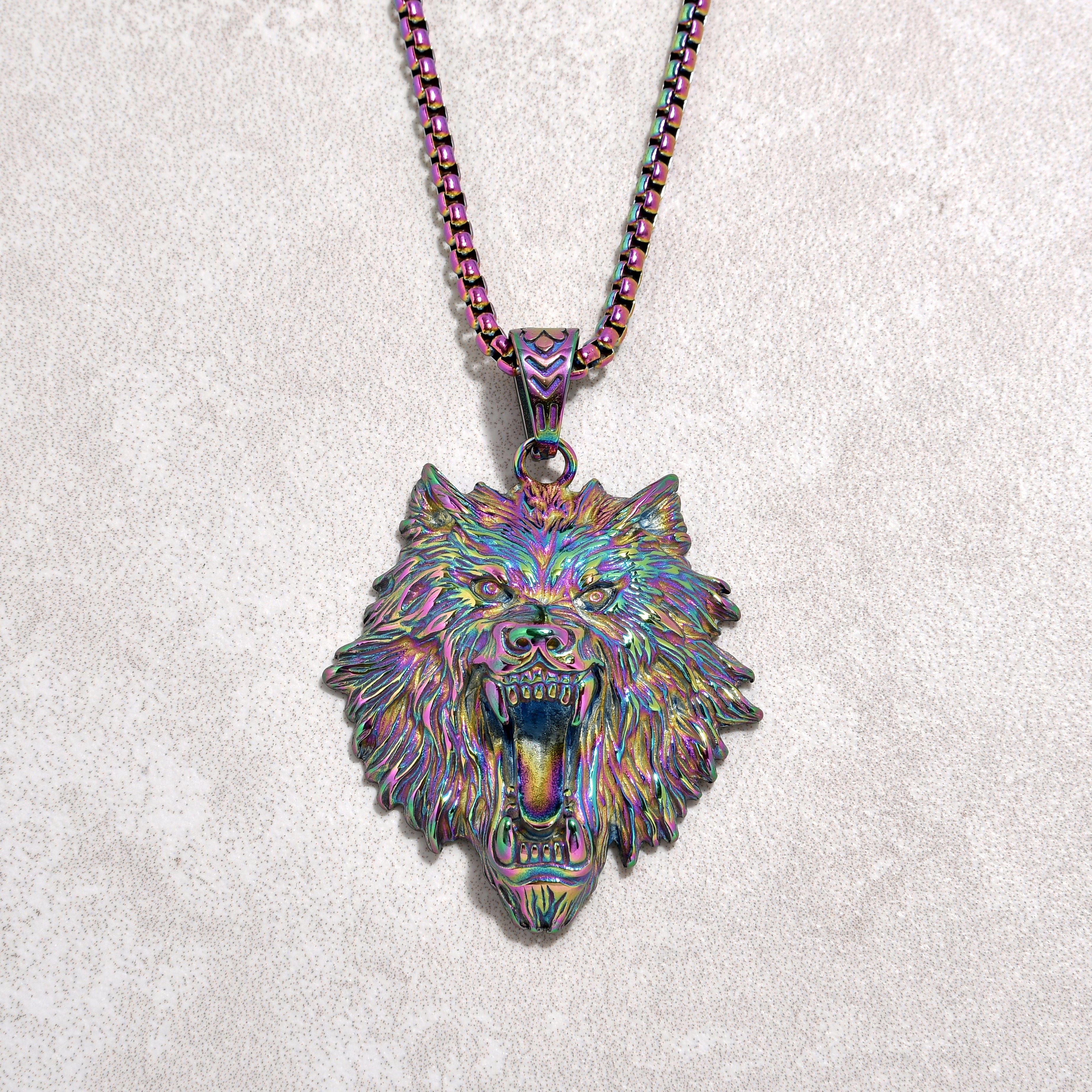 Kalifano Steel Hearts Jewelry Aurora Borealis Wolf Steel Hearts Necklace SHN528-AB