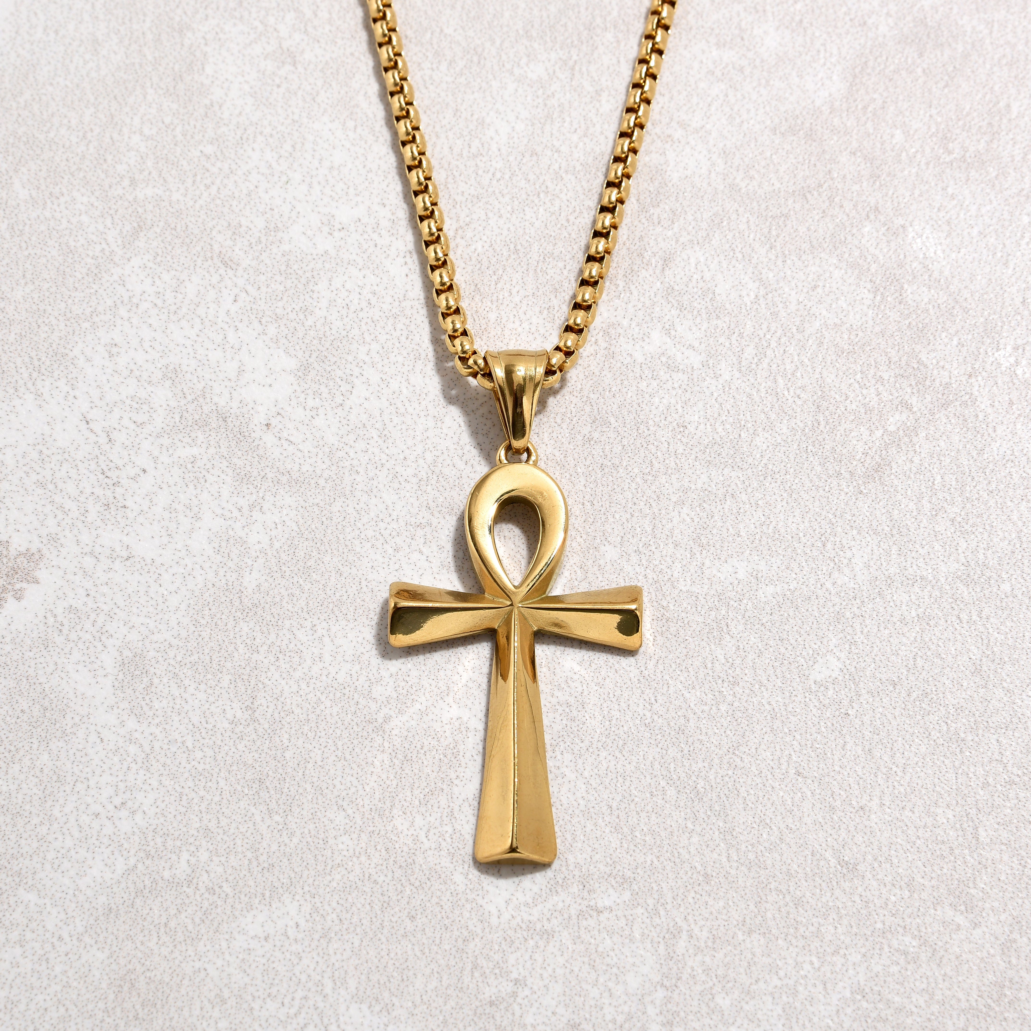 Kalifano Steel Hearts Jewelry Gold Ankh Cross Steel Hearts Necklace SHN505-G