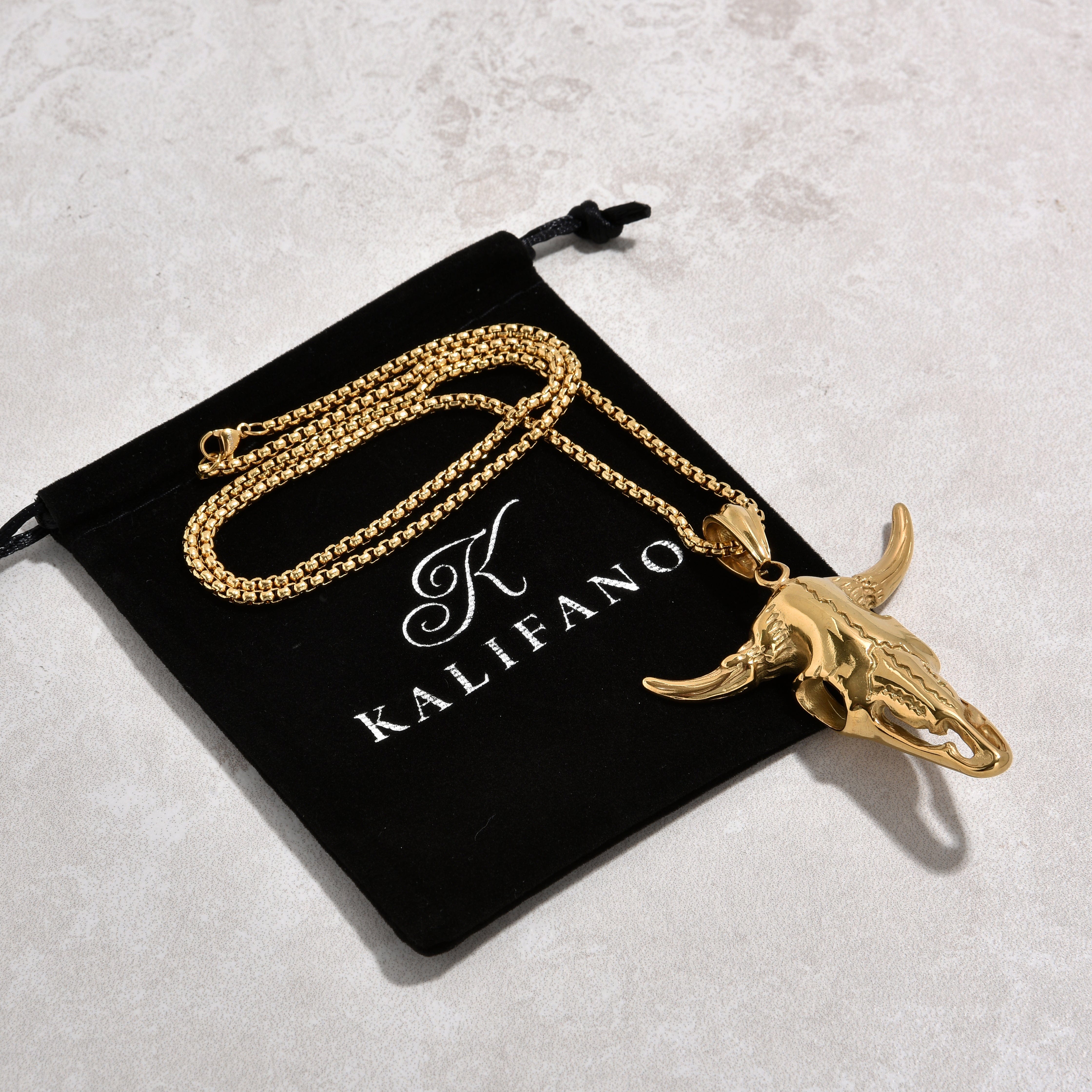 Kalifano Steel Hearts Jewelry Gold Large Bull Skull Steel Hearts Necklace SHN529-G