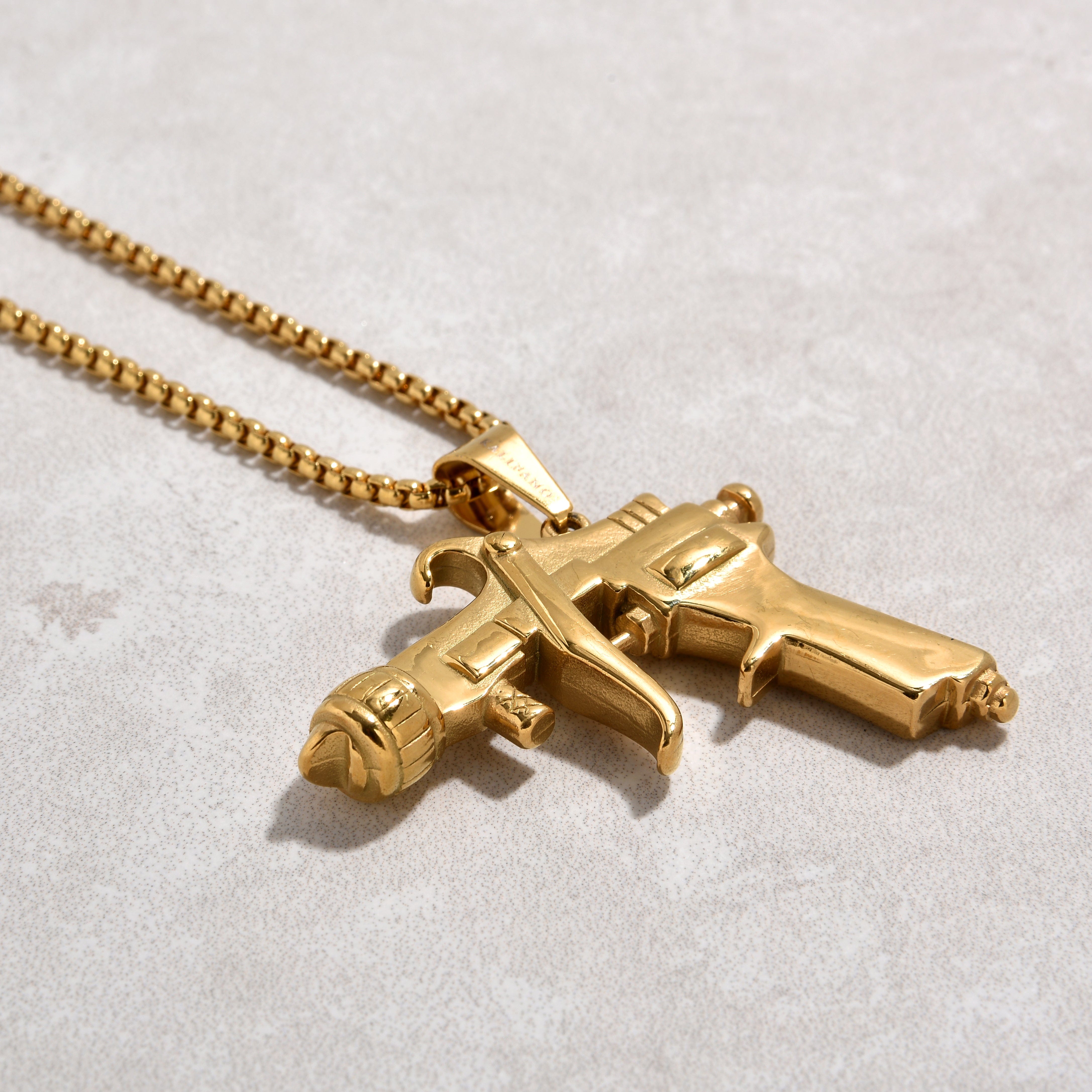 Kalifano Steel Hearts Jewelry Gold Tattoo Gun Steel Hearts Necklace SHN525-G