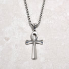 Silver Ankh Cross Steel Hearts Necklace