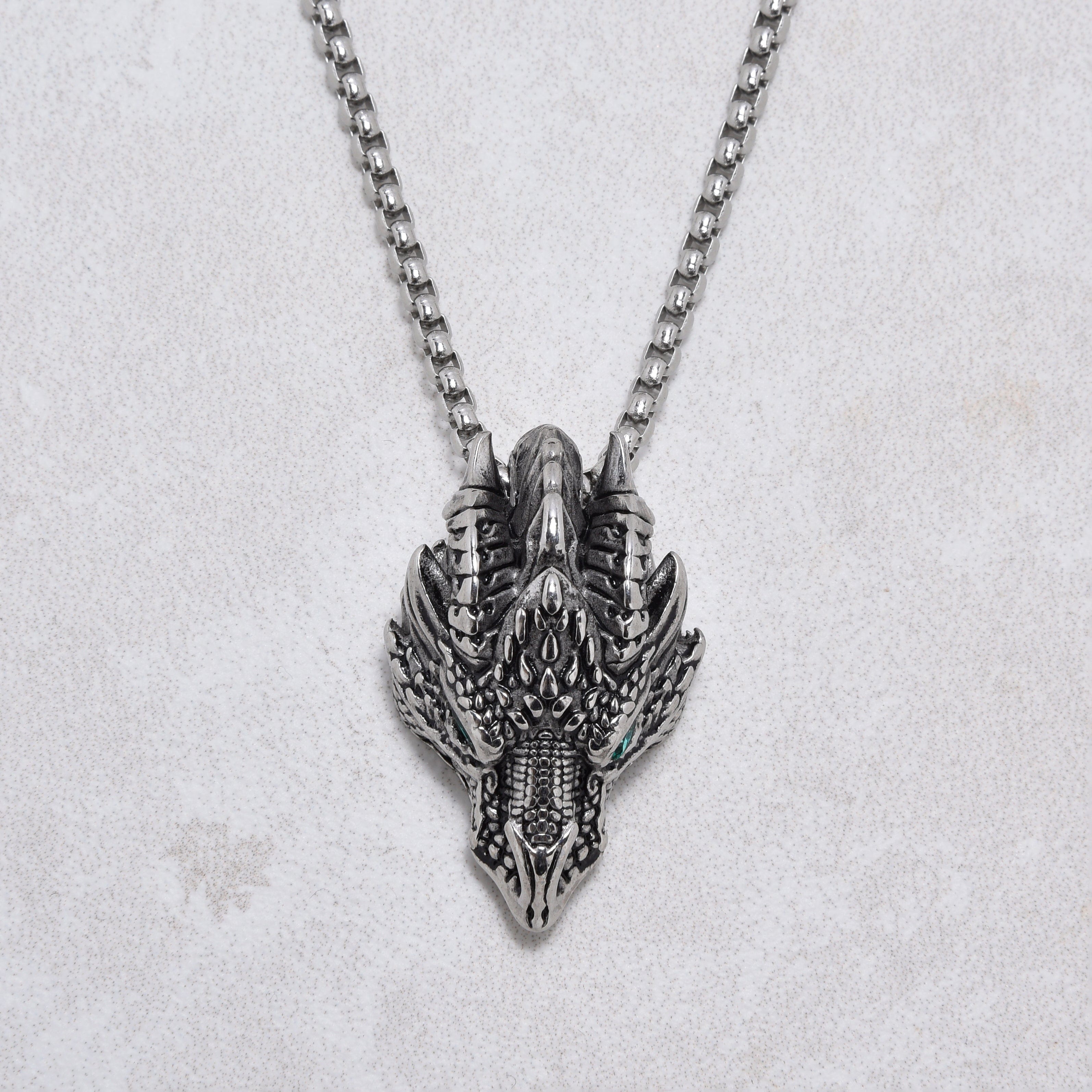 Kalifano Steel Hearts Jewelry Silver Green Eyed Dragon Steel Hearts Necklace SHN532-S