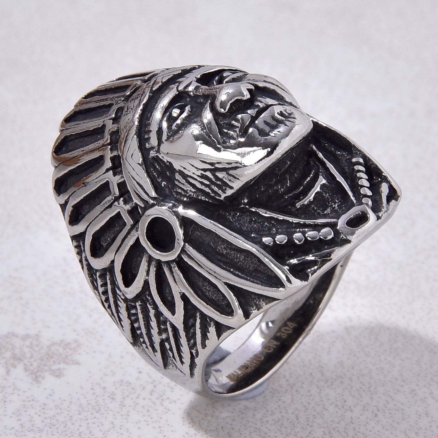 Kalifano Steel Hearts Jewelry Silver Indian Chief Head Steel Hearts Ring