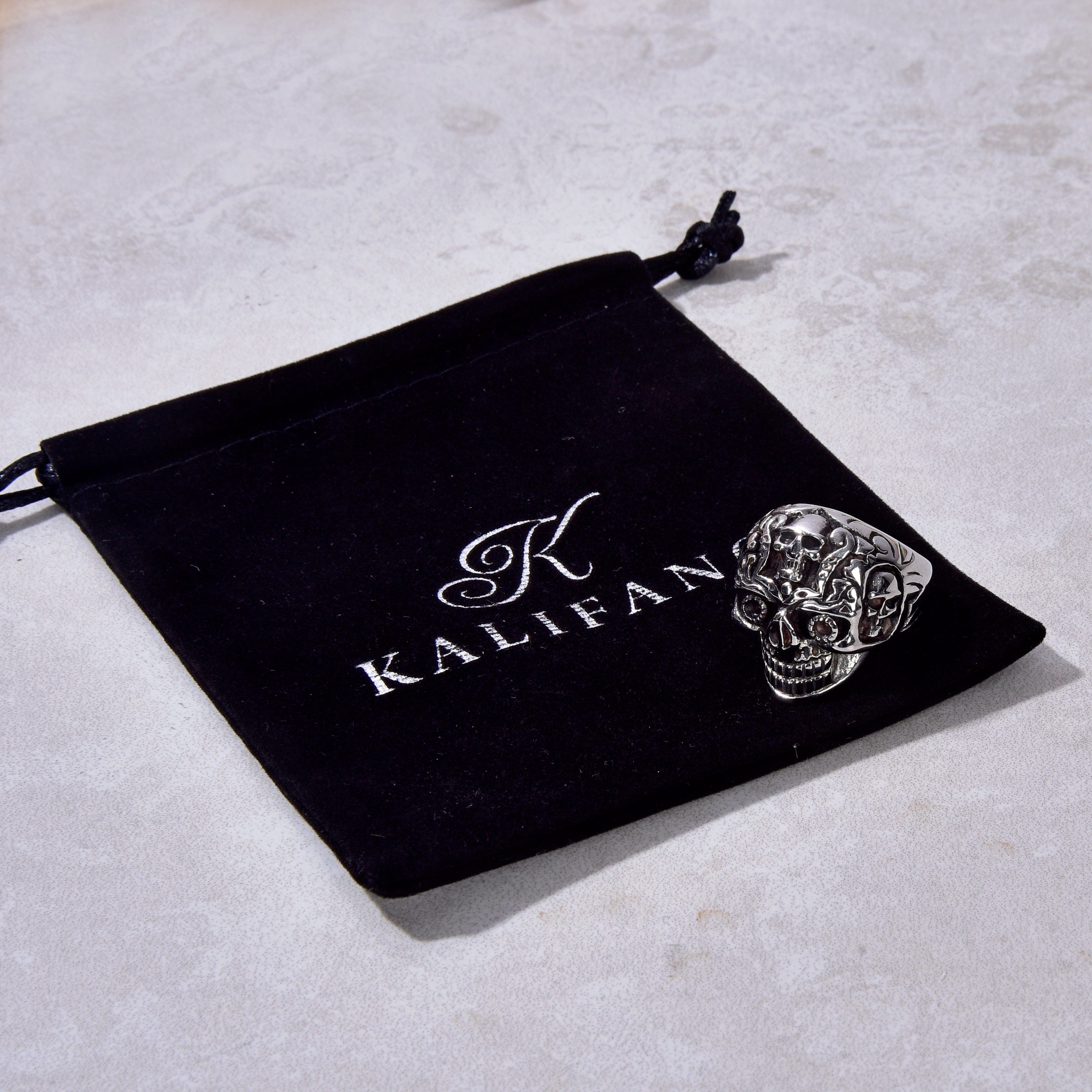 Kalifano Steel Hearts Jewelry Silver Punk Carved Skull Steel Hearts Ring