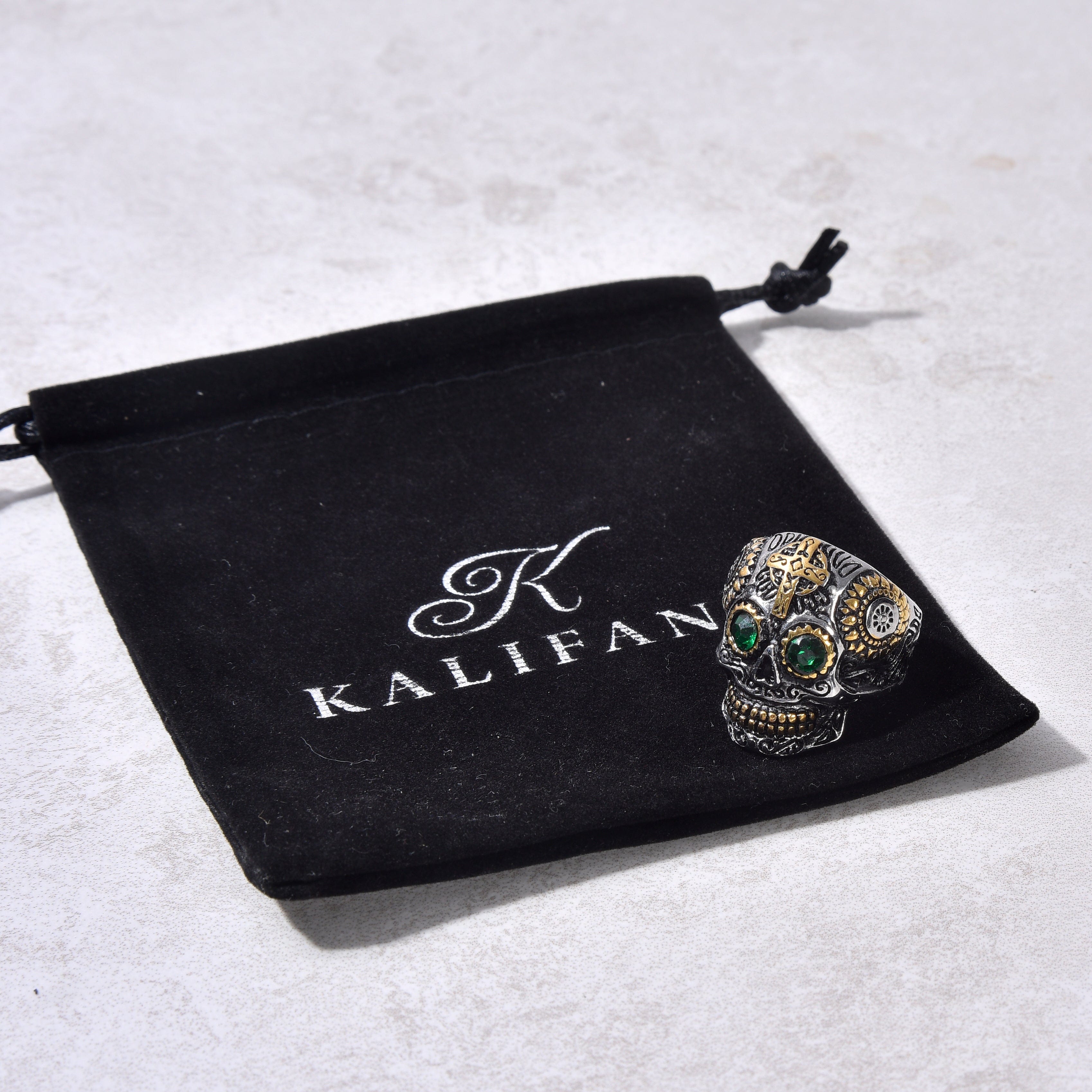 Kalifano Steel Hearts Jewelry Two Tone Skull with syn Emerald Steel Hearts Ring