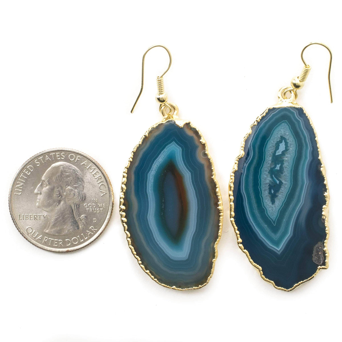 Kalifano Crystal Jewelry Blue Agate Healing Stone Slice Earrings with Gold Plating CJEG60-BE