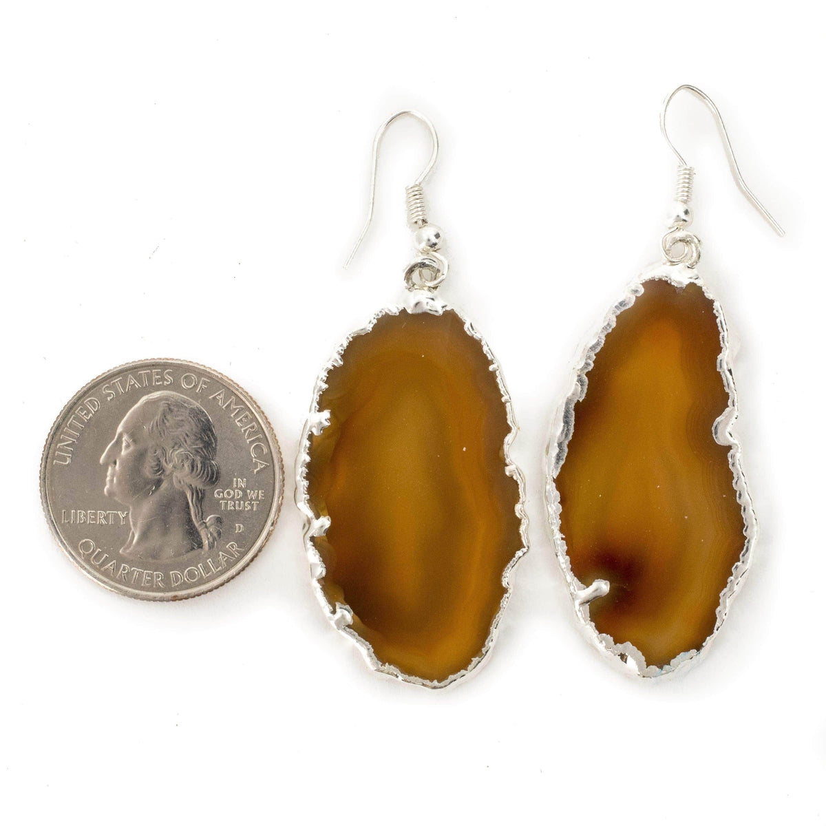 Kalifano Crystal Jewelry Brown Agate Healing Stone Slice Earrings with Silver Plating CJES60-BN