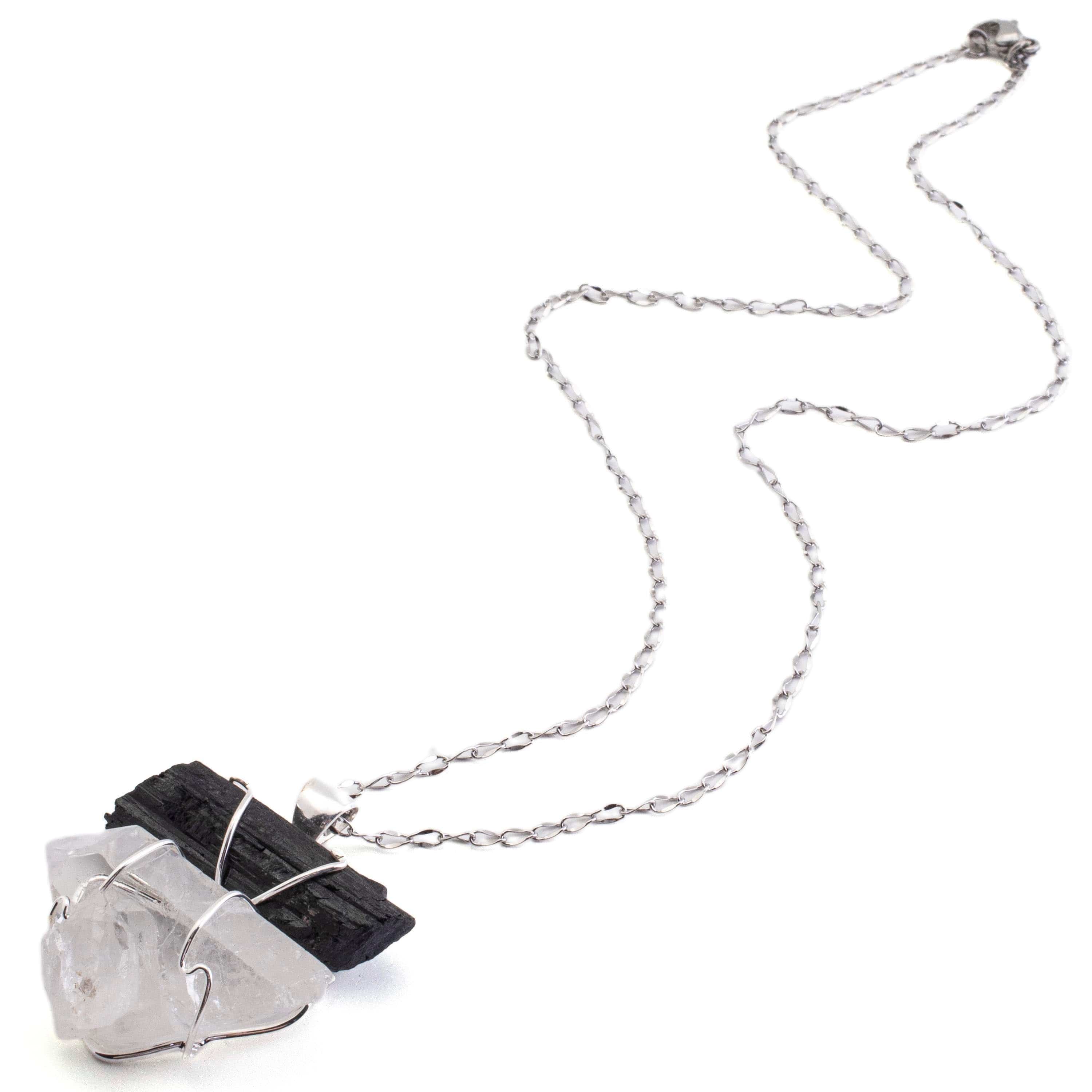 Kalifano Crystal Jewelry Cleart Quartz and Tourmaline Pendant on Chain CJN-2-Q+T