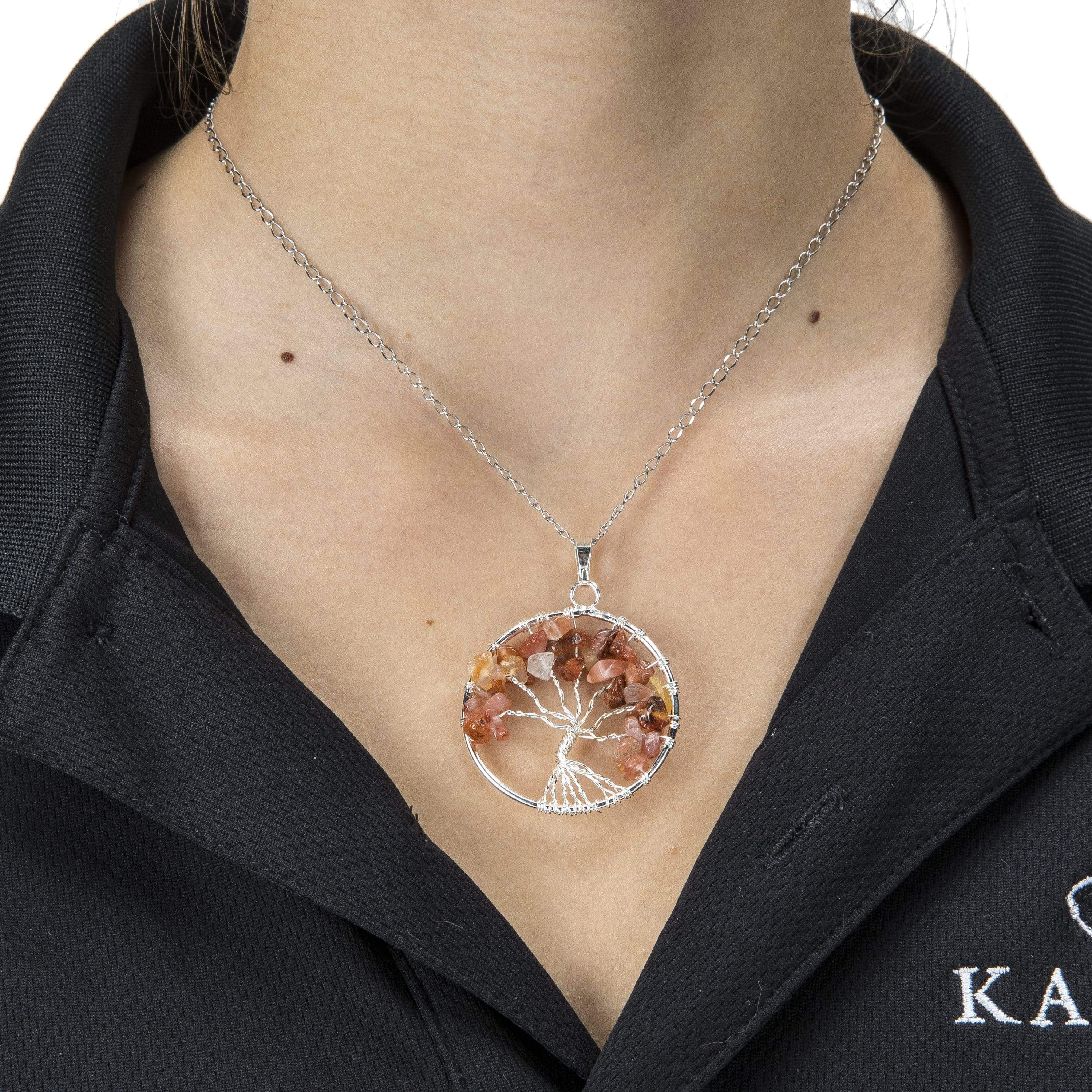 Kalifano Crystal Jewelry Red Carnelian Chakra Gemstone Tree of Life Necklace & Stainless Steel Chain CJCN20-CN