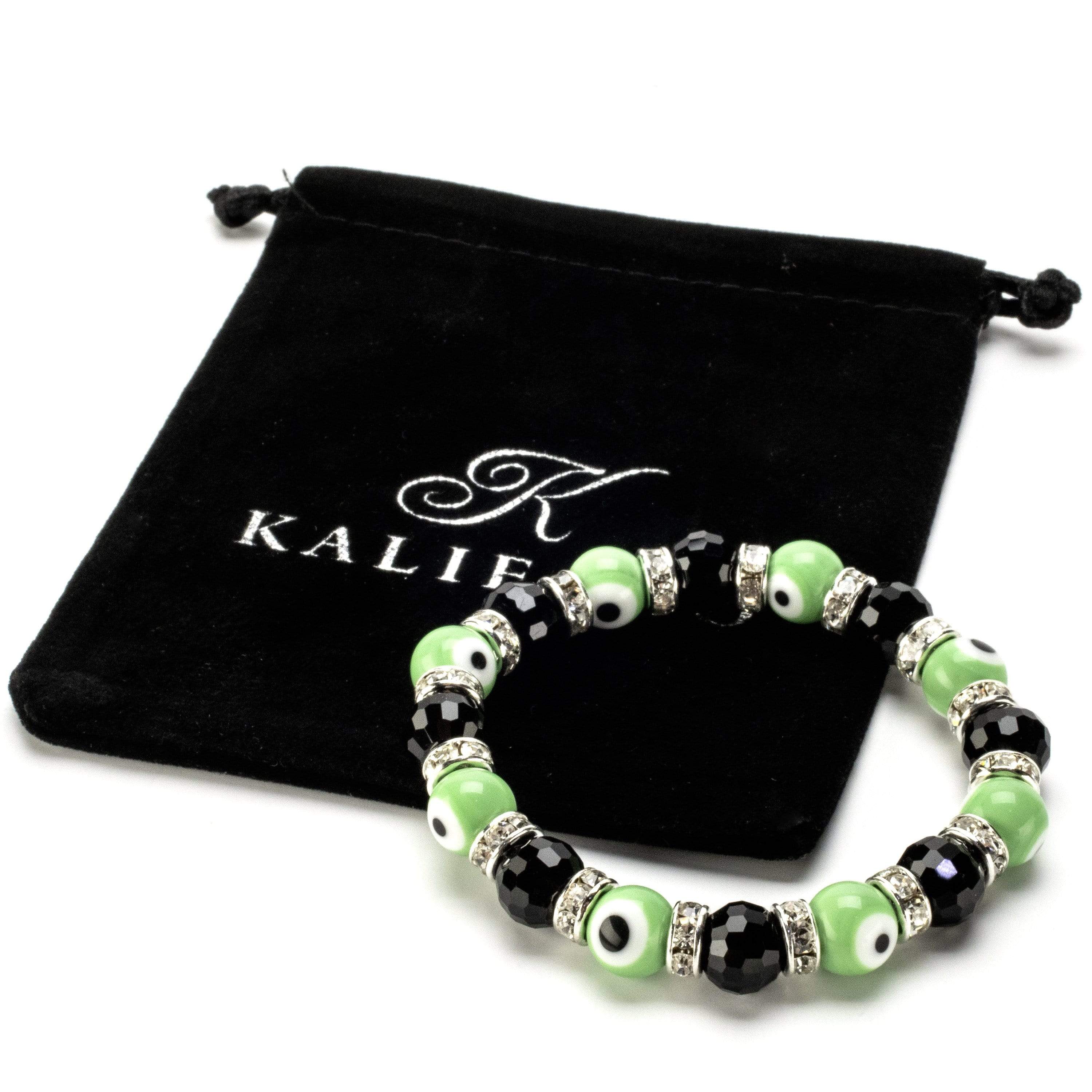 Kalifano Evil Eye Jewelry Black & Lime Evil Eye Glass Bracelet with Cubic Zirconia Crystals BLUE-BEE-15
