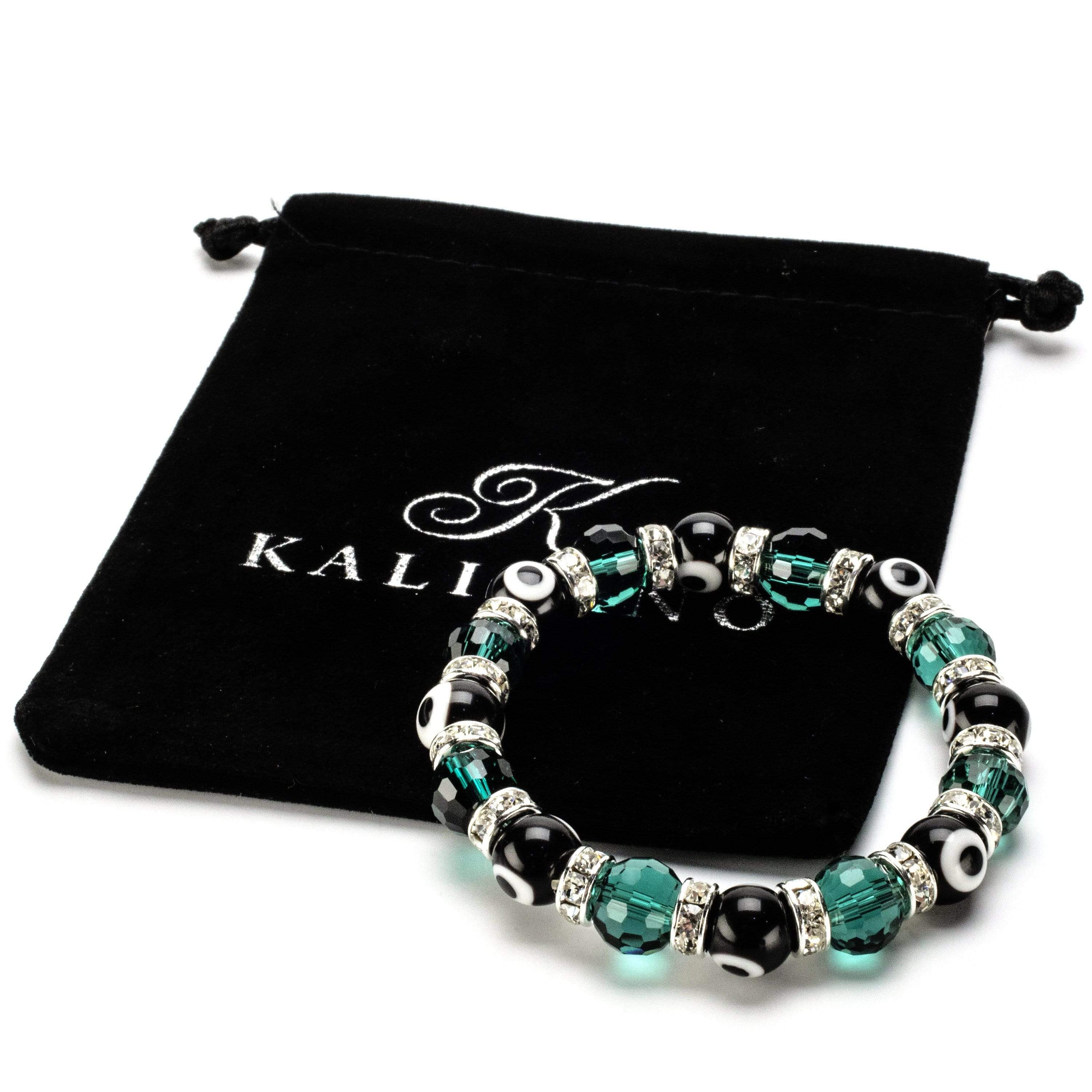 Kalifano Evil Eye Jewelry Emerald & Black Evil Eye Glass Bracelet with Cubic Zirconia Crystals BLUE-BEE-07