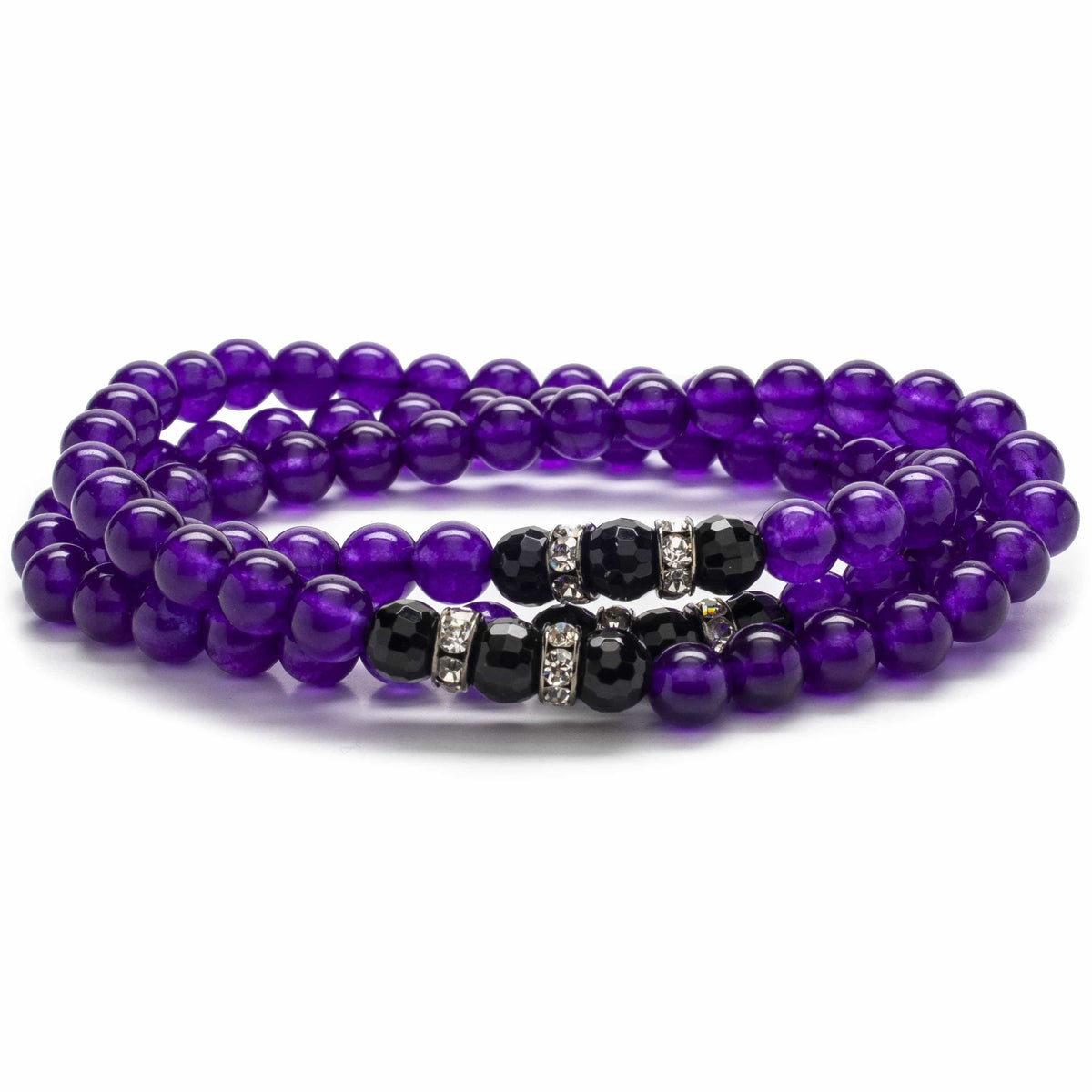 Kalifano Gemstone Bracelets Amethyst 6mm with Black Agate and Crystal Accent Beads Triple Wrap Elastic Gemstone Bracelet WHITE-BGI3-016