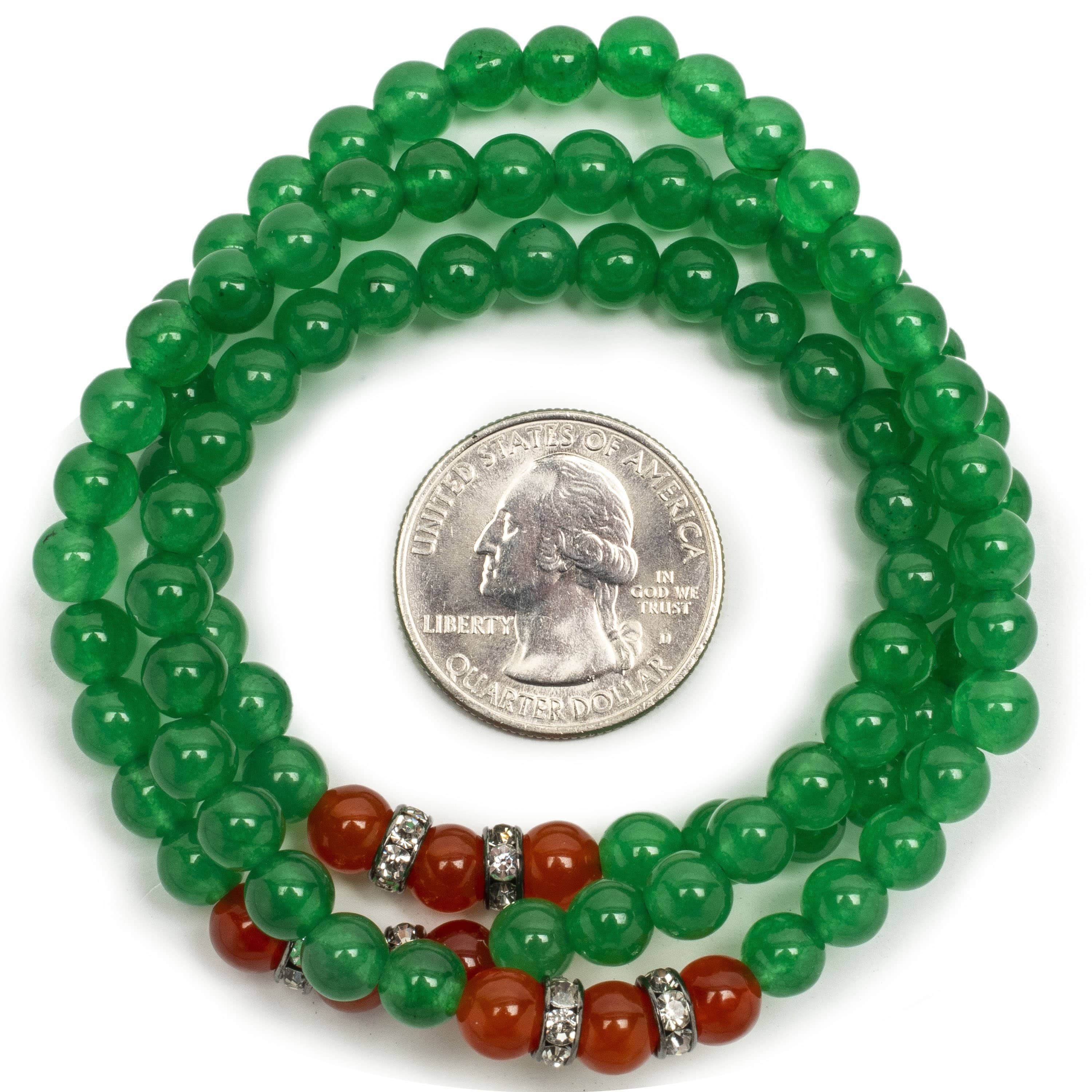 Kalifano Gemstone Bracelets Aventurine 6mm Beads with Carnelian and Silver Color Crystal Accent Beads Triple Wrap Elastic Gemstone Bracelet WHITE-BGI3-055