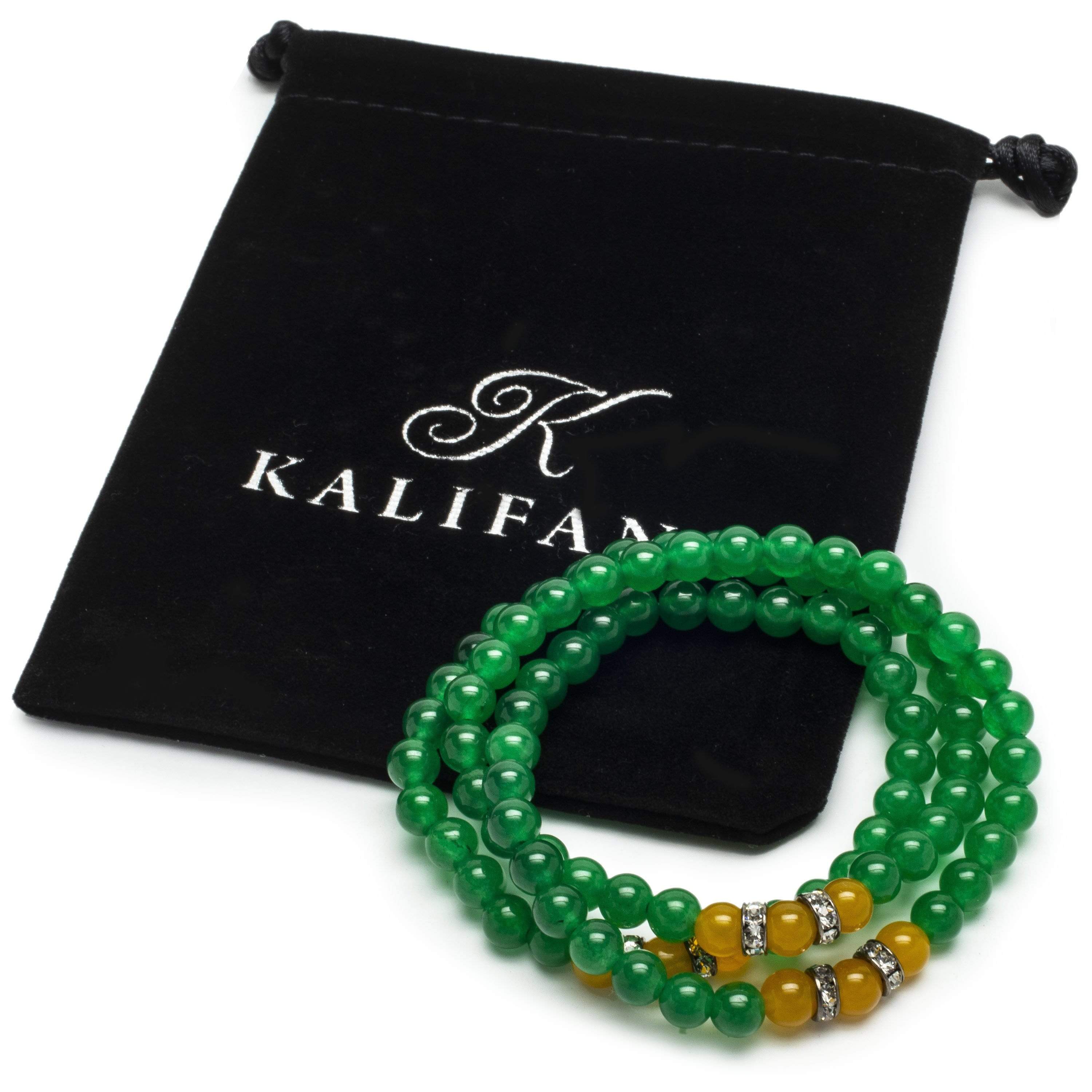 Kalifano Gemstone Bracelets Aventurine 6mm Beads with Yellow Agate and Crystal Accent Beads Triple Wrap Elastic Gemstone Bracelet WHITE-BGI3-043