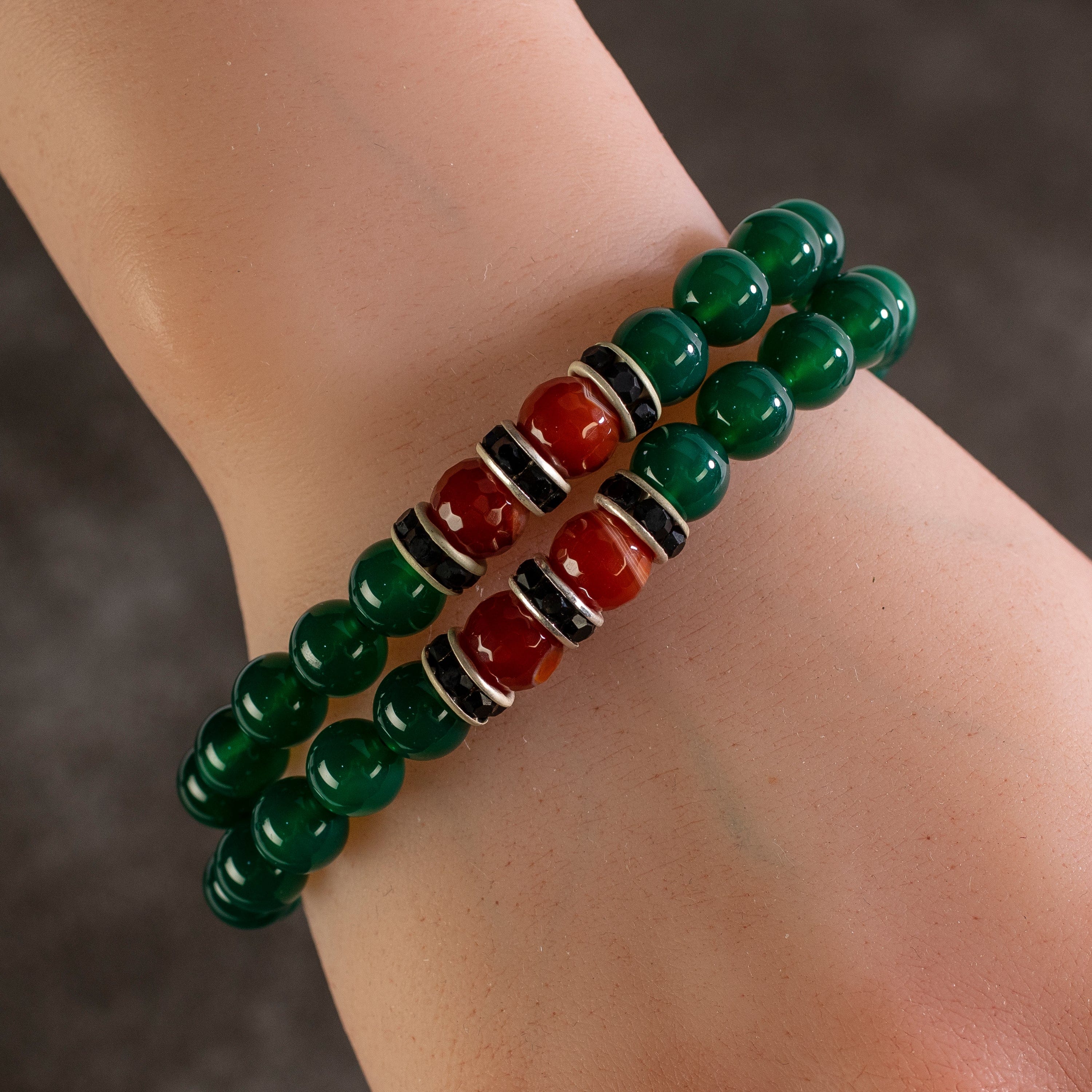 Kalifano Gemstone Bracelets Aventurine 8mm Beads with Carnellian and Black and Silver Accent Beads Double Wrap Elastic Gemstone Bracelet WHITE-BGI2-021