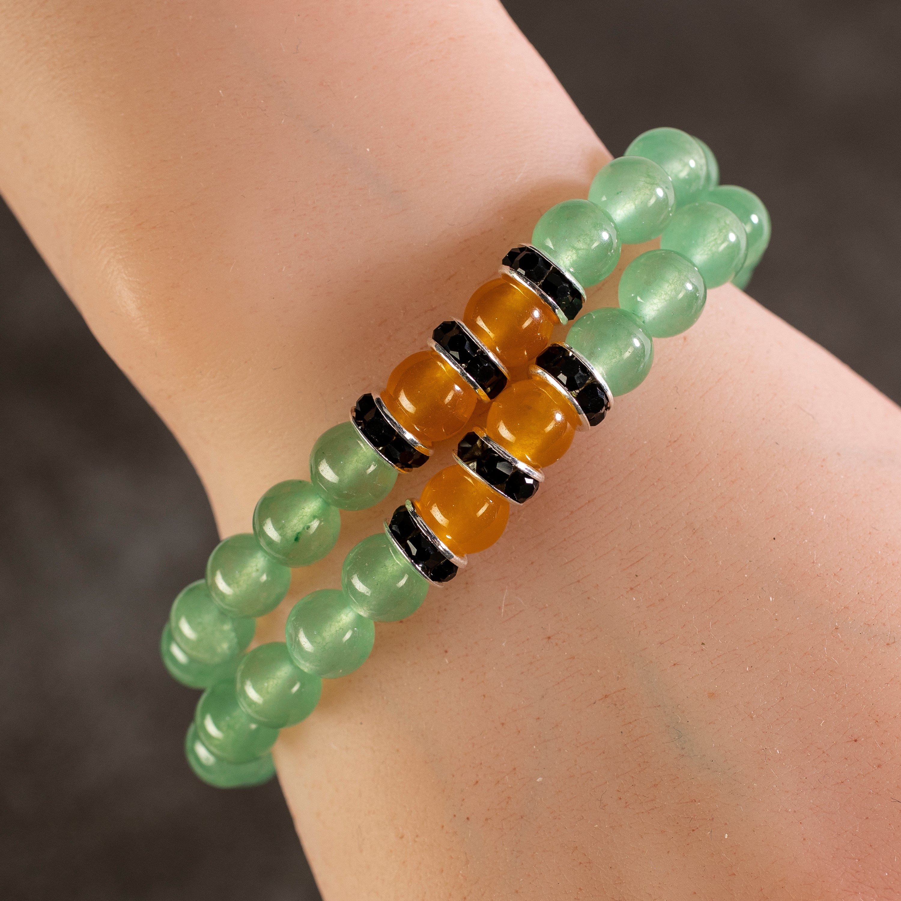 Kalifano Gemstone Bracelets Aventurine 8mm Beads with Yellow Agate and Black and Silver Accent Beads Double Wrap Elastic Gemstone Bracelet WHITE-BGI2-023