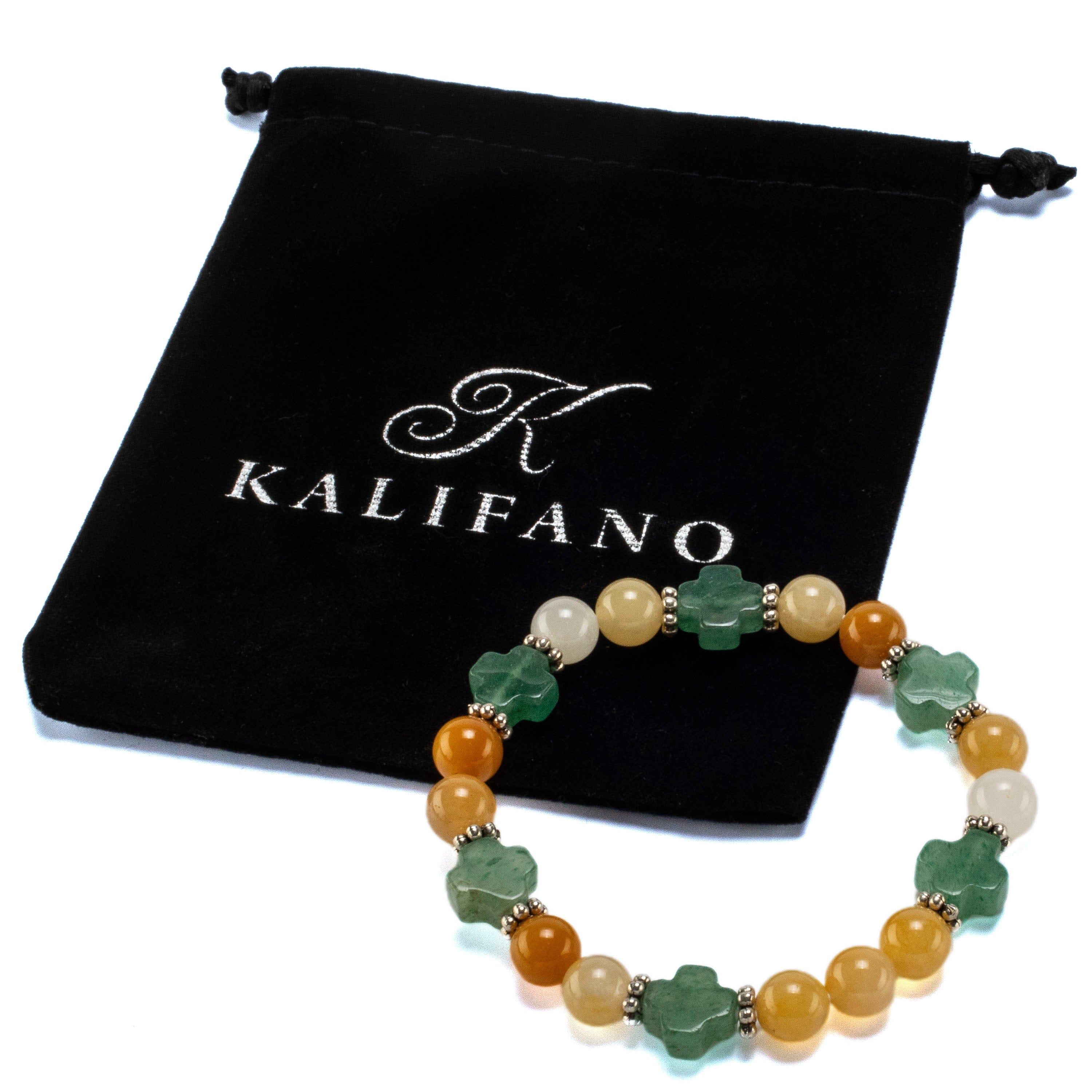 Kalifano Gemstone Bracelets Aventurine Cross and Round Butter Jade with Accent Beads Gemstone Elastic Bracelet BLUE-BGP-037