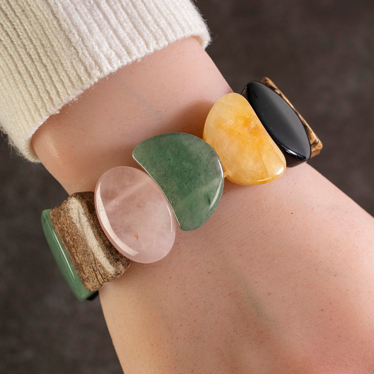 Kalifano Gemstone Bracelets Aventurine, Rose Quartz, Petrified Wood, Butter Jade, & Black Agate Multi Natural Gemstone Elastic Bracelet PLAT-BGP-005