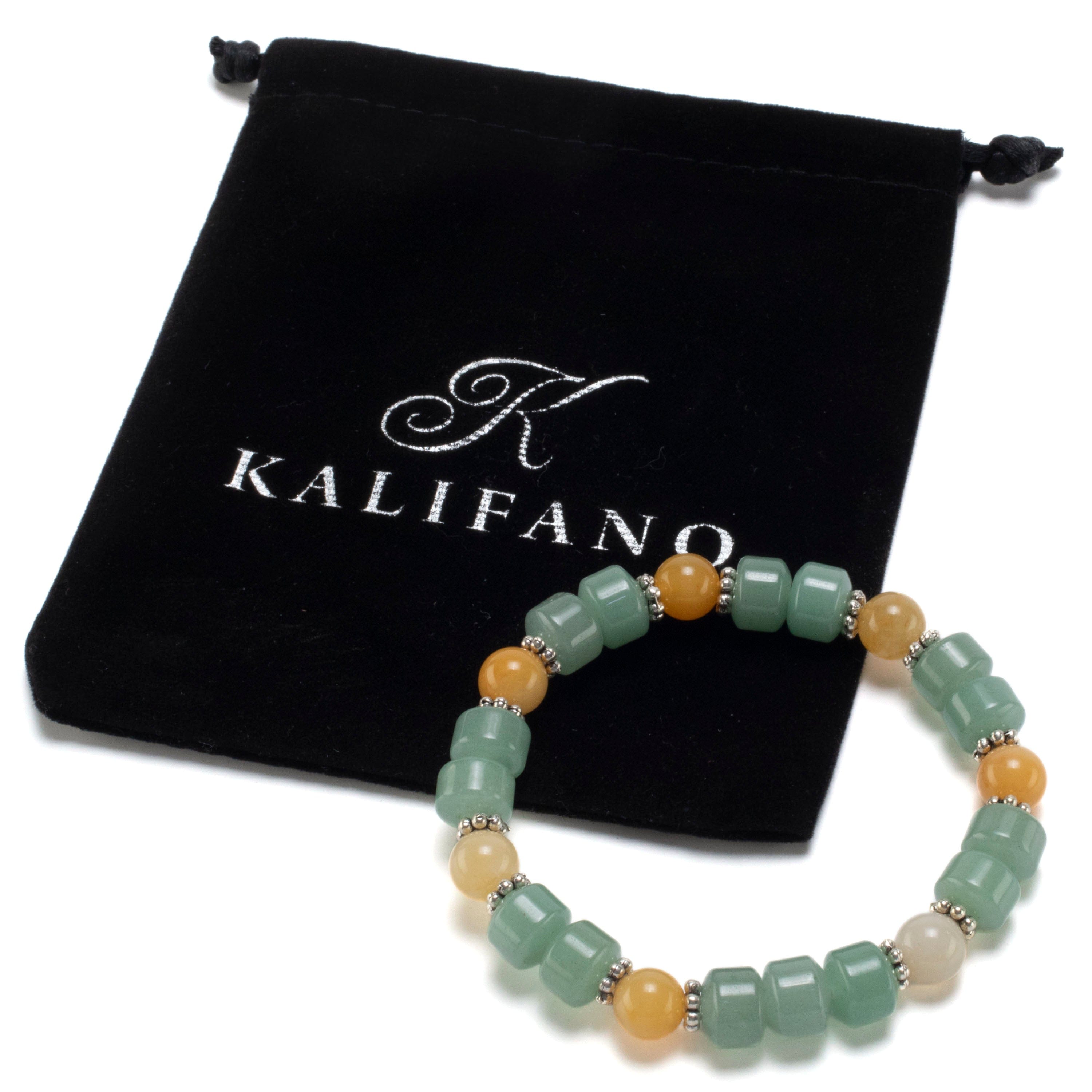 Kalifano Gemstone Bracelets Aventurine Wheel Shaped Bead and Round Butter Jade with Crystal Accent Beads Gemstone Elastic Bracelet BLUE-BGP-014