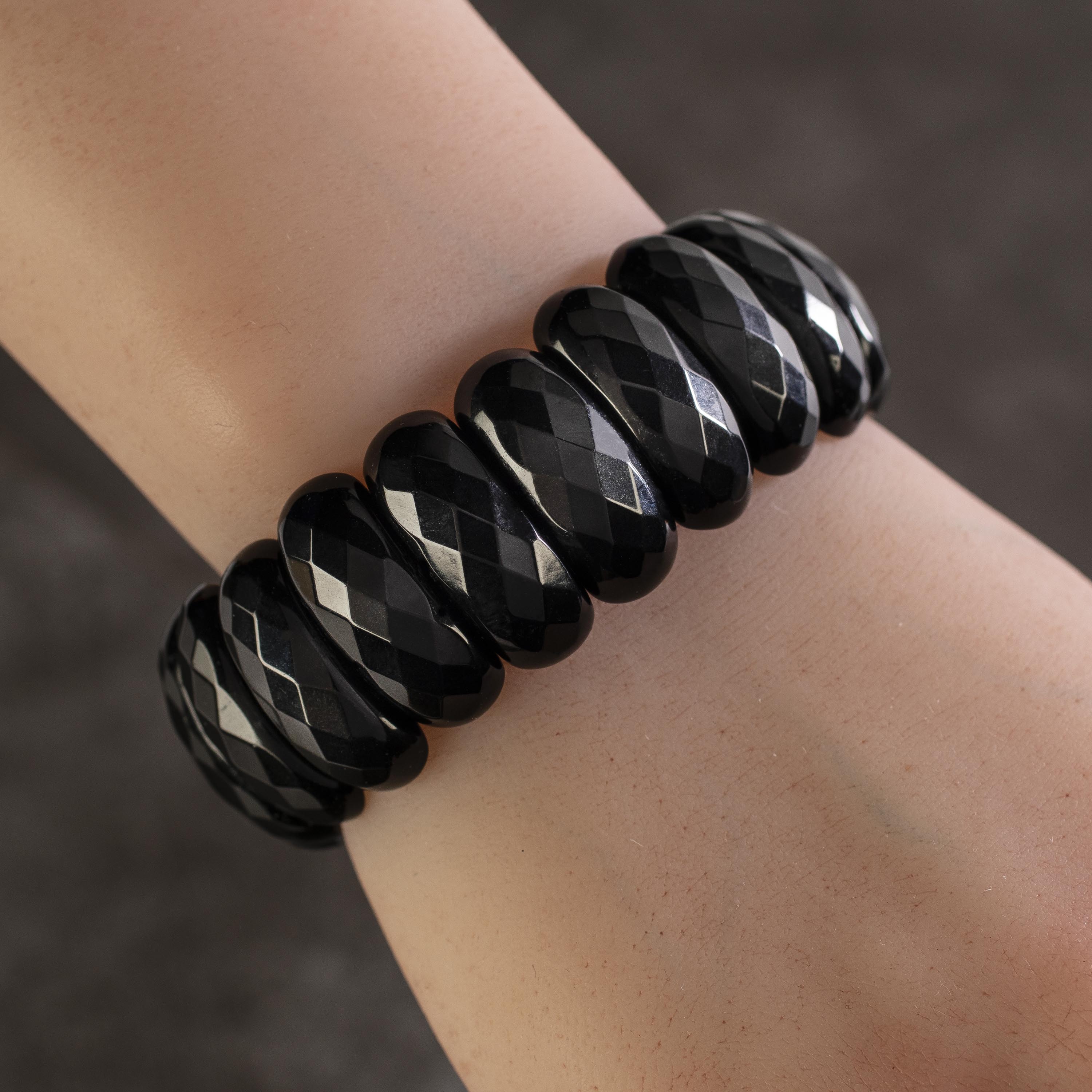 Kalifano Gemstone Bracelets Black Agate Elastic Gemstone Bracelet RED-BGP-001