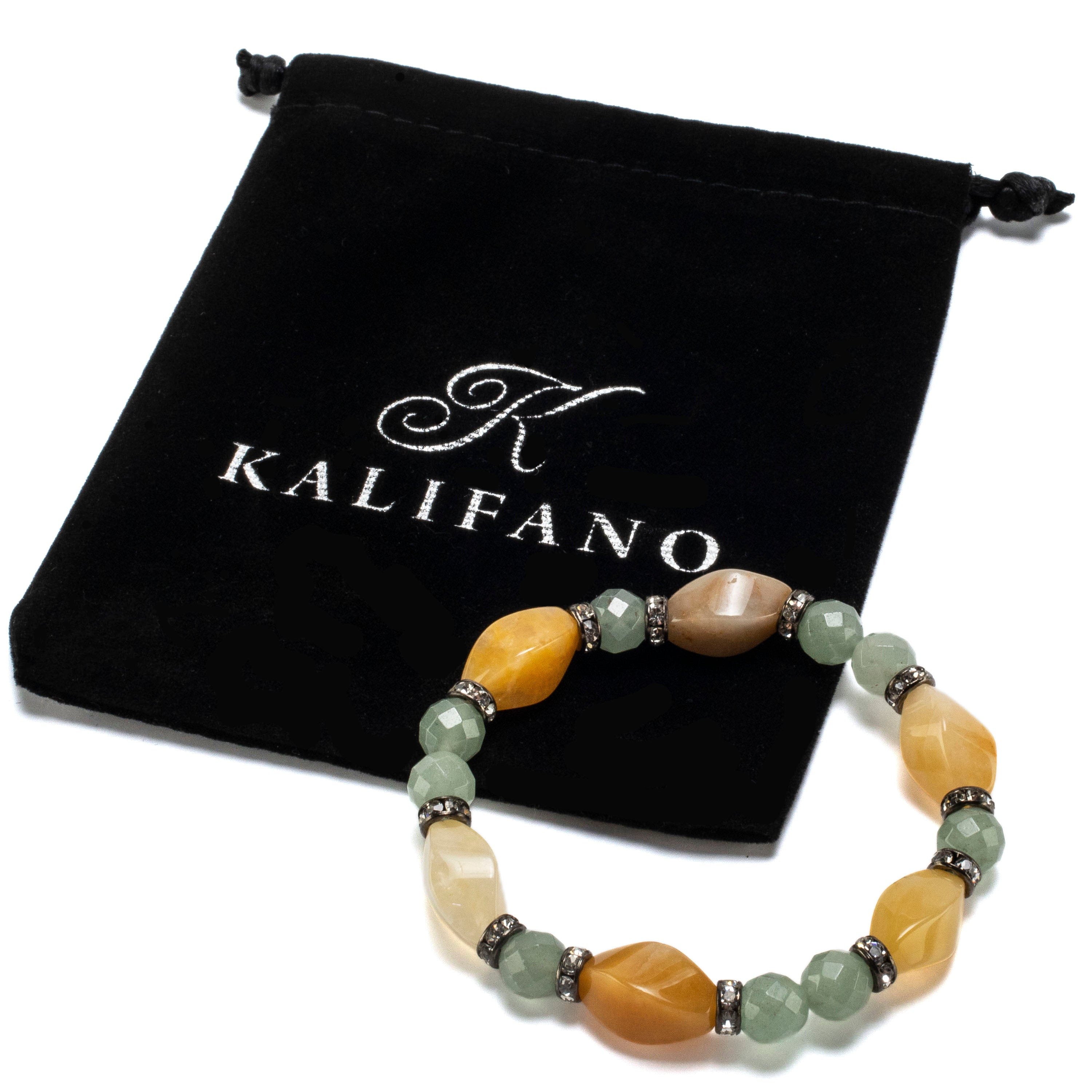 Kalifano Gemstone Bracelets Butter Jade Twisted Bead and Round Faceted Aventurine with Crystal Accent Beads Gemstone Elastic Bracelet BLUE-BGP-038