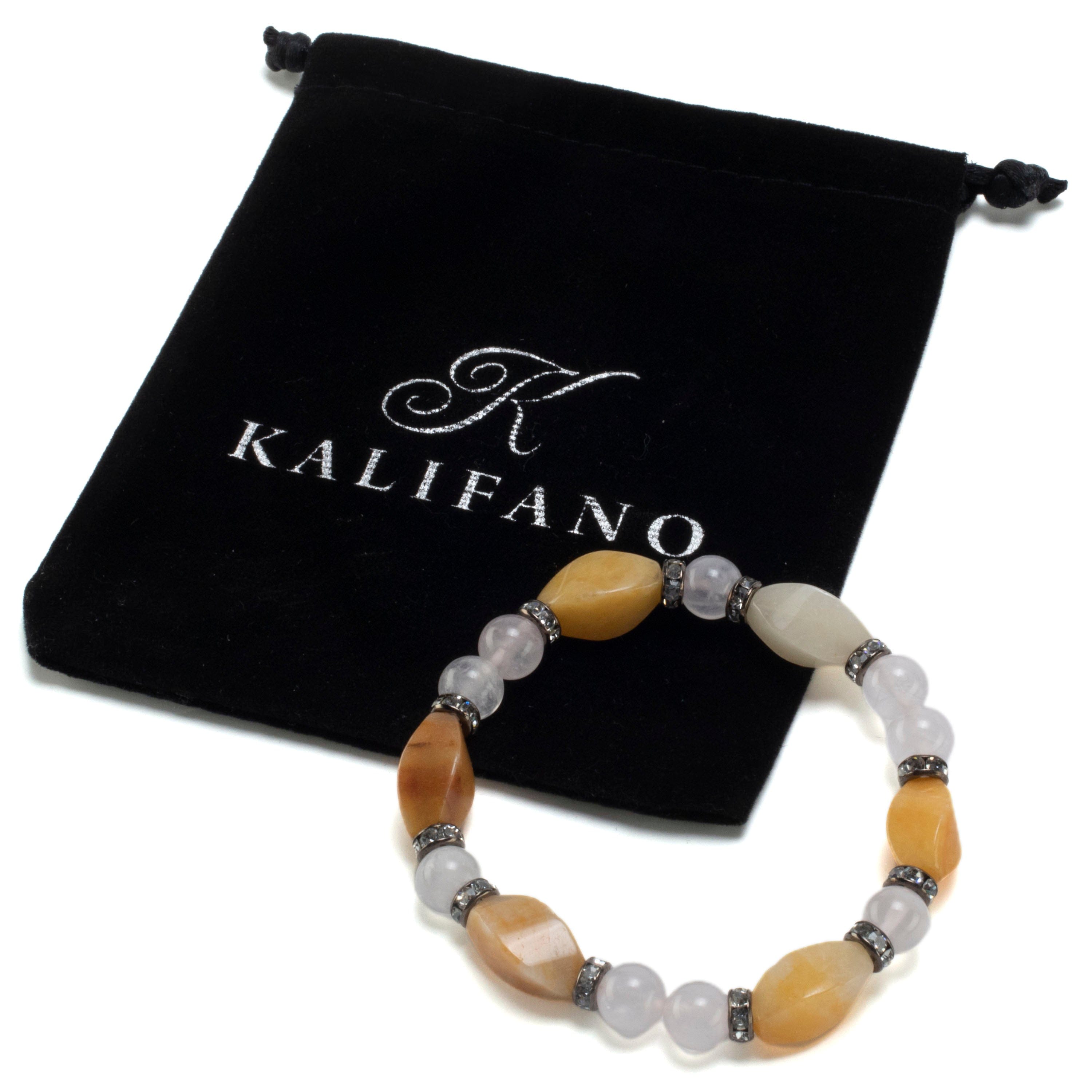 Kalifano Gemstone Bracelets Butter Jade Twisted Bead and Round Rose Quartz with Crystal Accent Beads Gemstone Elastic Bracelet BLUE-BGP-024