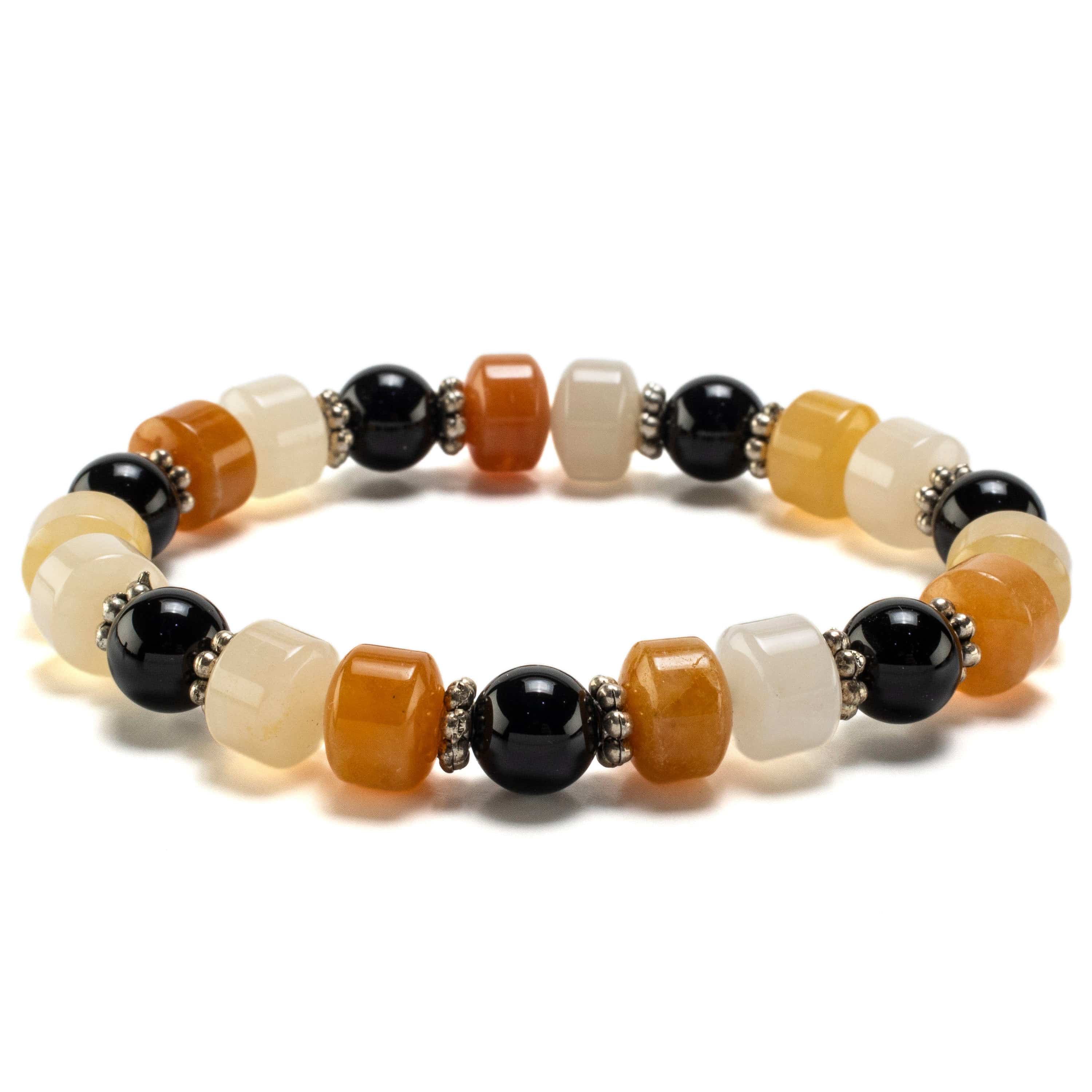 Kalifano Gemstone Bracelets Butter Jade Wheel Shaped Beads and Round Black Agate with Accent Beads Gemstone Elastic Bracelet BLUE-BGP-039