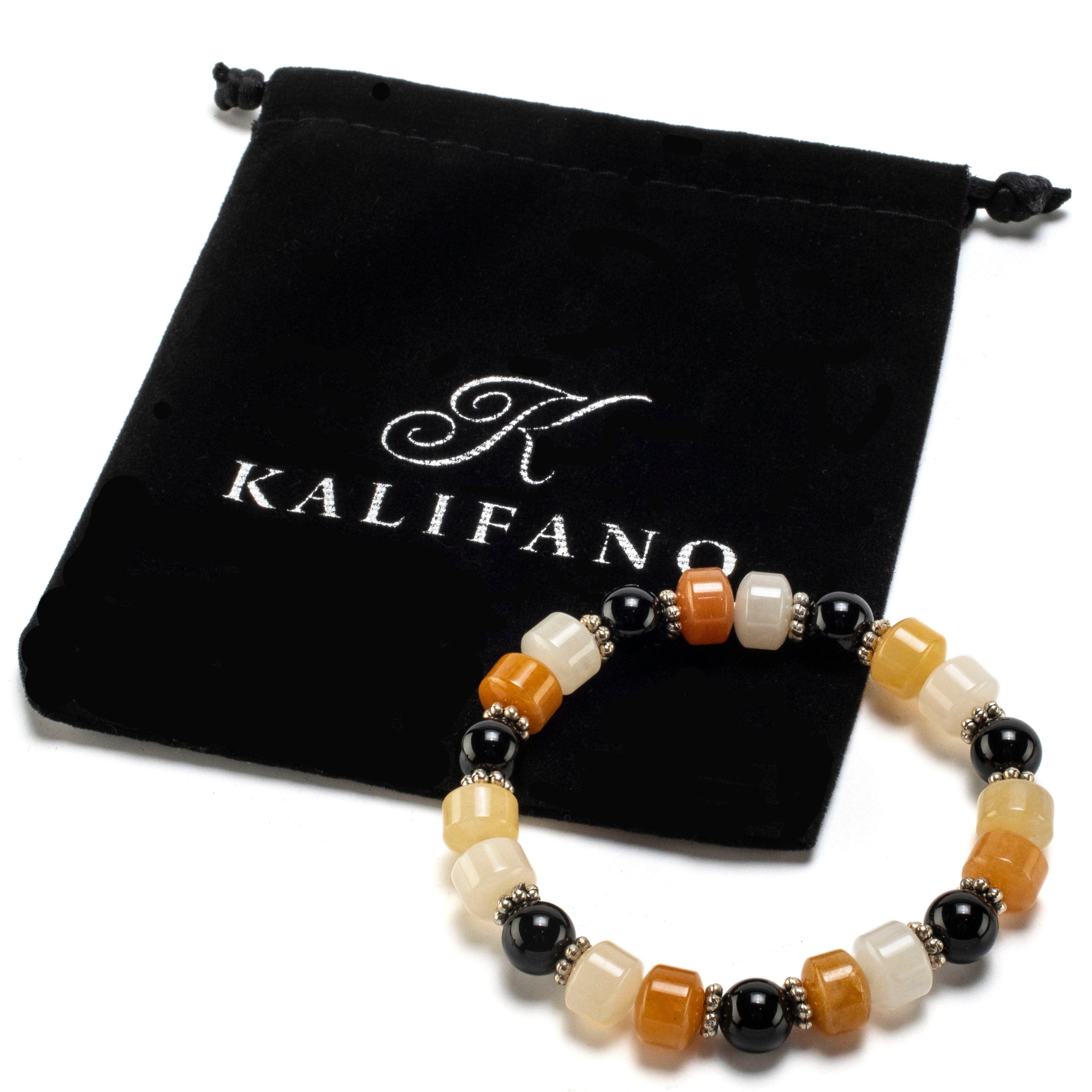 Kalifano Gemstone Bracelets Butter Jade Wheel Shaped Beads and Round Black Agate with Accent Beads Gemstone Elastic Bracelet BLUE-BGP-039