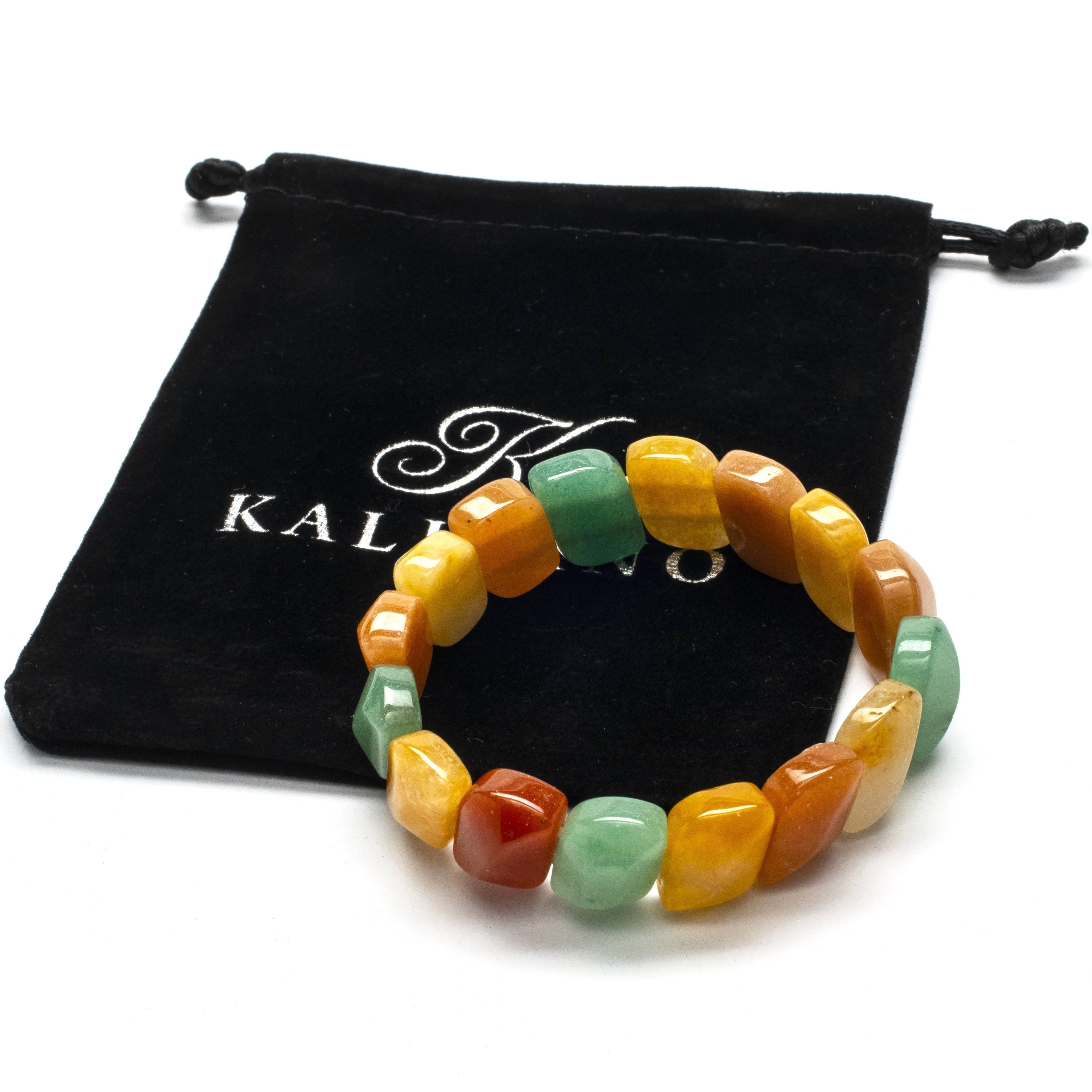 Kalifano Gemstone Bracelets Diagonal Faceted Citrine, Aventurine, and Carnelian Gemstone Elastic Bracelet WHITE-BGP-006