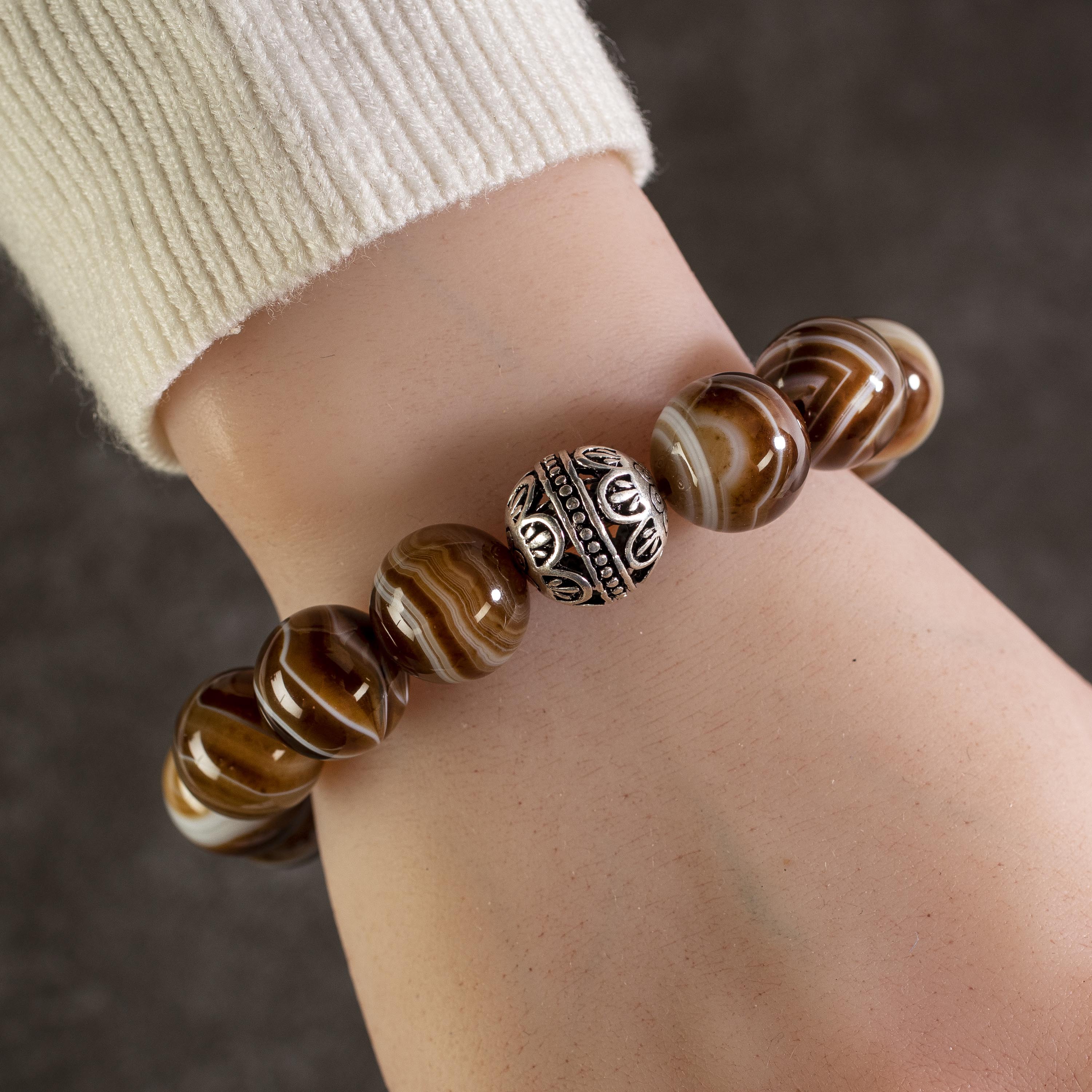 Kalifano Gemstone Bracelets Espresso Agate 14mm Natural Gemstone Bead Elastic Bracelet with Accent Bead PLAT-BGP-009