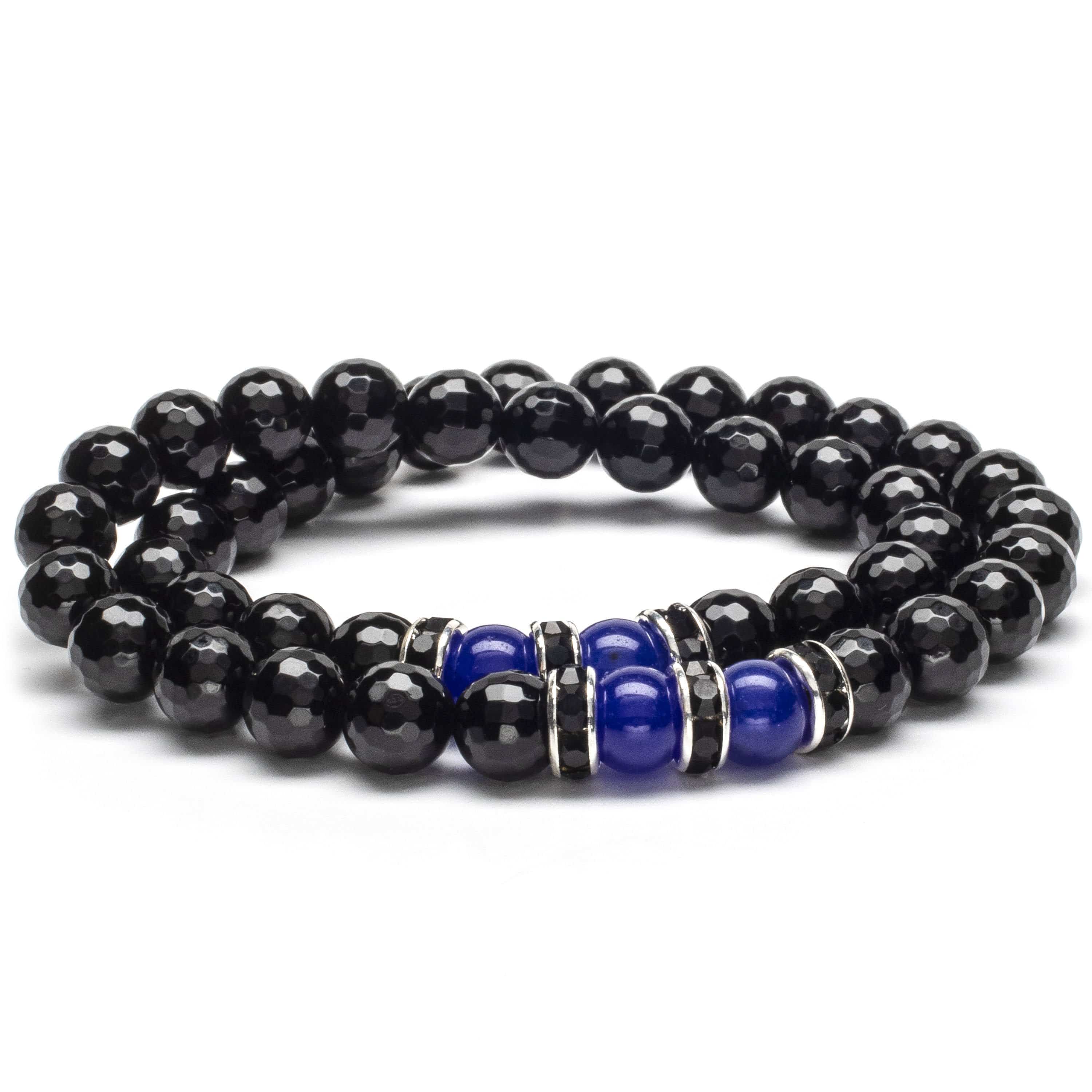 Kalifano Gemstone Bracelets Faceted Black Agate 8mm Beads with Lapis and Black & Silver Accent Beads Double Wrap Elastic Gemstone Bracelet WHITE-BGI2-002