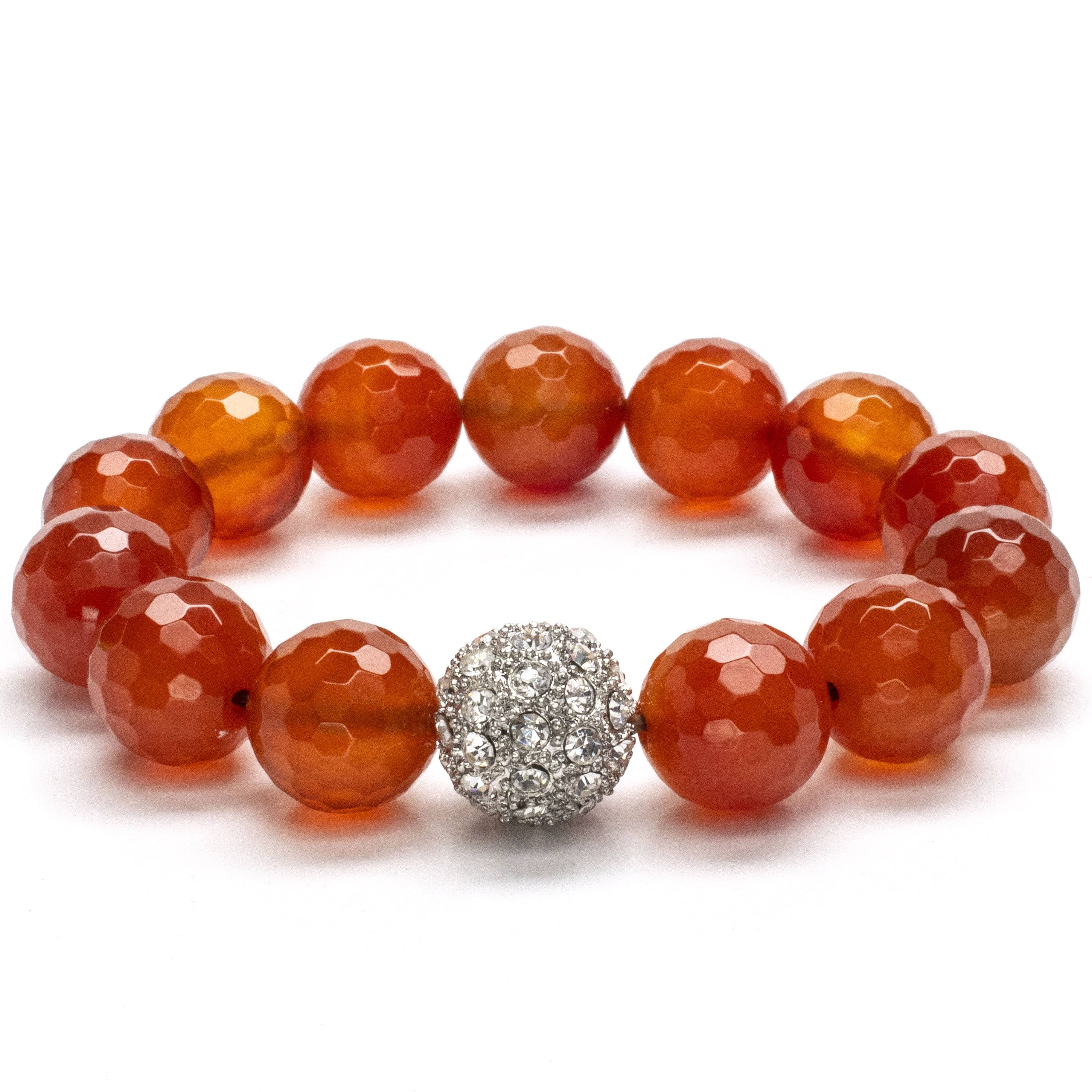 Kalifano Gemstone Bracelets Faceted Carnelian 14mm Gemstone Bead Braceletwith Sparkly Accent Bead Gemstone Elastic Bracelet WHITE-BGP-048