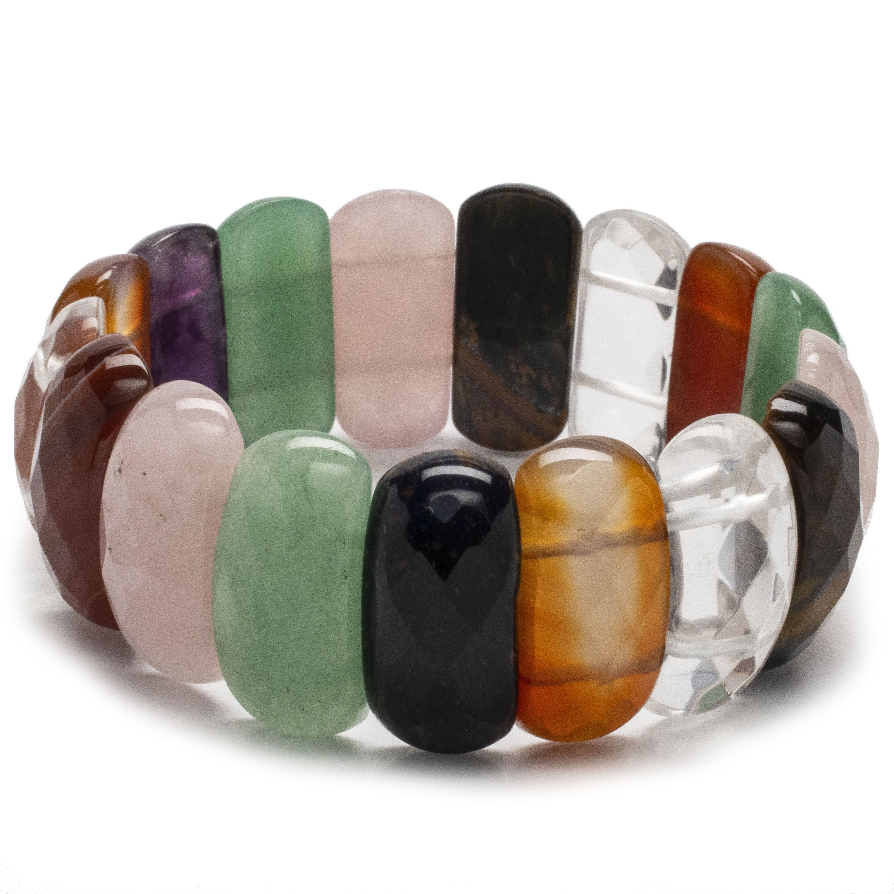 Kalifano Gemstone Bracelets Faceted Rose Quartz, Aventurine, Black Agate, Carnelian, Quartz, and Amethyst Natural Gemstone Rectangular Elastic Bracelet BLACK-BGP-009