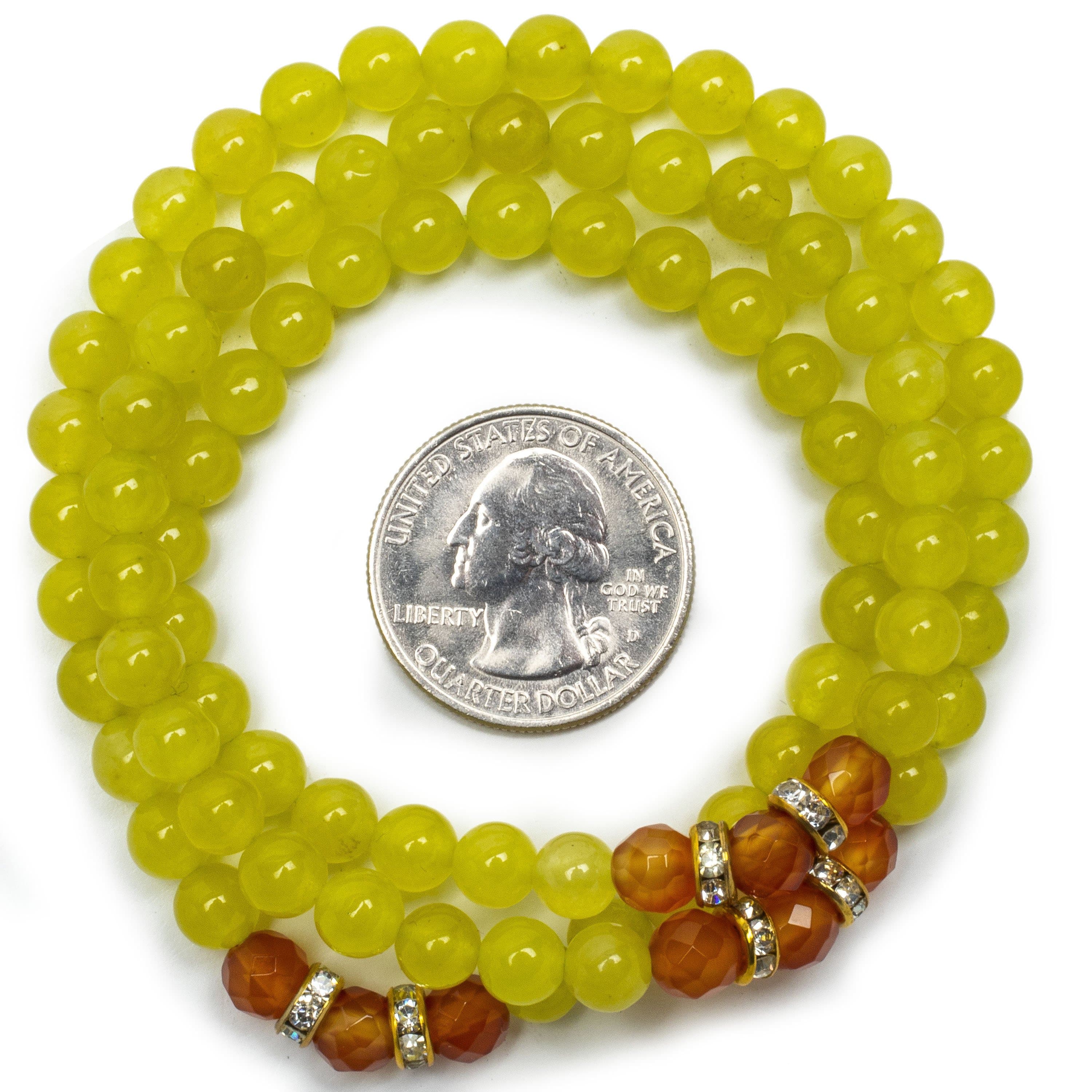 Kalifano Gemstone Bracelets Green Agate 6mm Beads with Orange Agate and Gold Color Crystal Accent Beads Triple Wrap Elastic Gemstone Bracelet WHITE-BGI3-056
