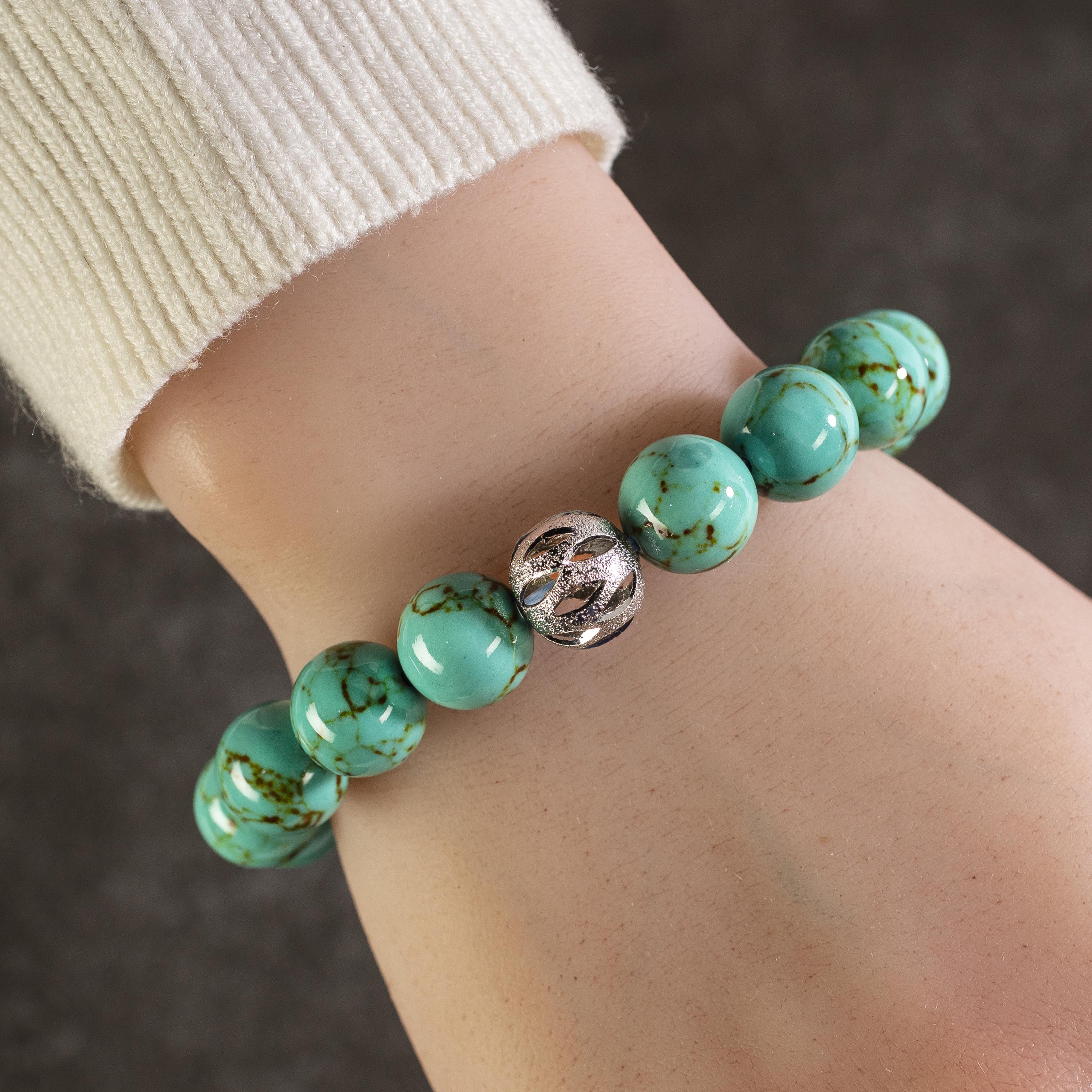 Kalifano Gemstone Bracelets Howlite Turquoise 12mm Gemstone Bead Elastic Bracelet with Silver Accent Bead RED-BGP-052