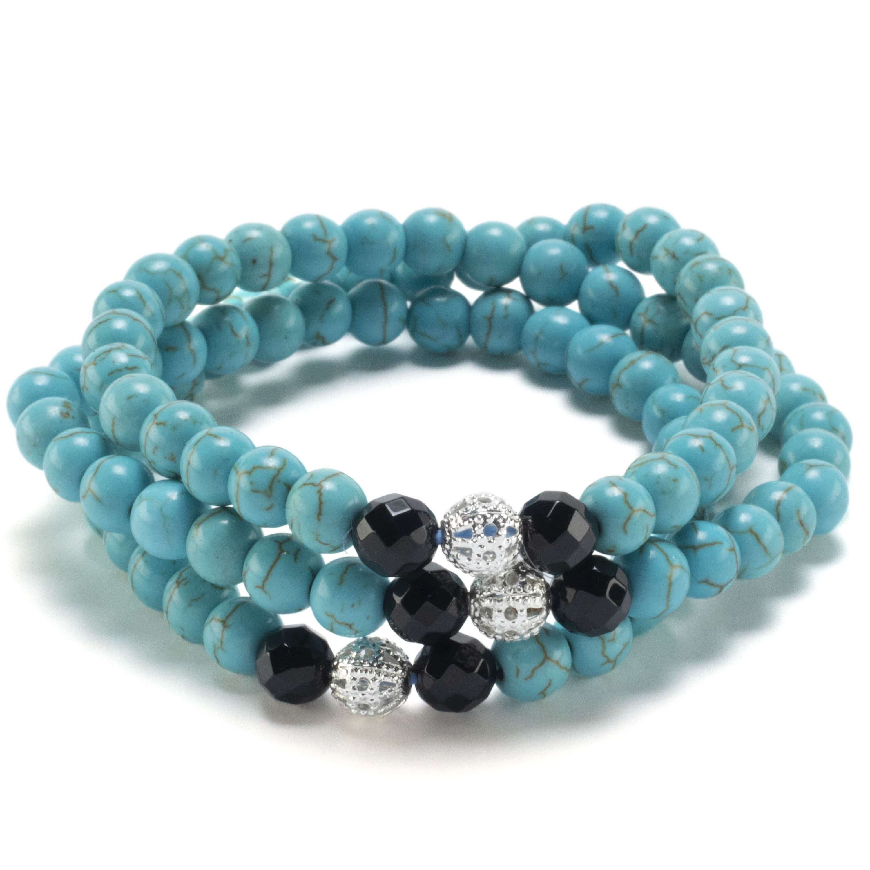 Kalifano Gemstone Bracelets Howlite Turquoise 6mm Beads with Black Agate and Silver Accent Beads Triple Wrap Elastic Gemstone Bracelet WHITE-BGI3-067