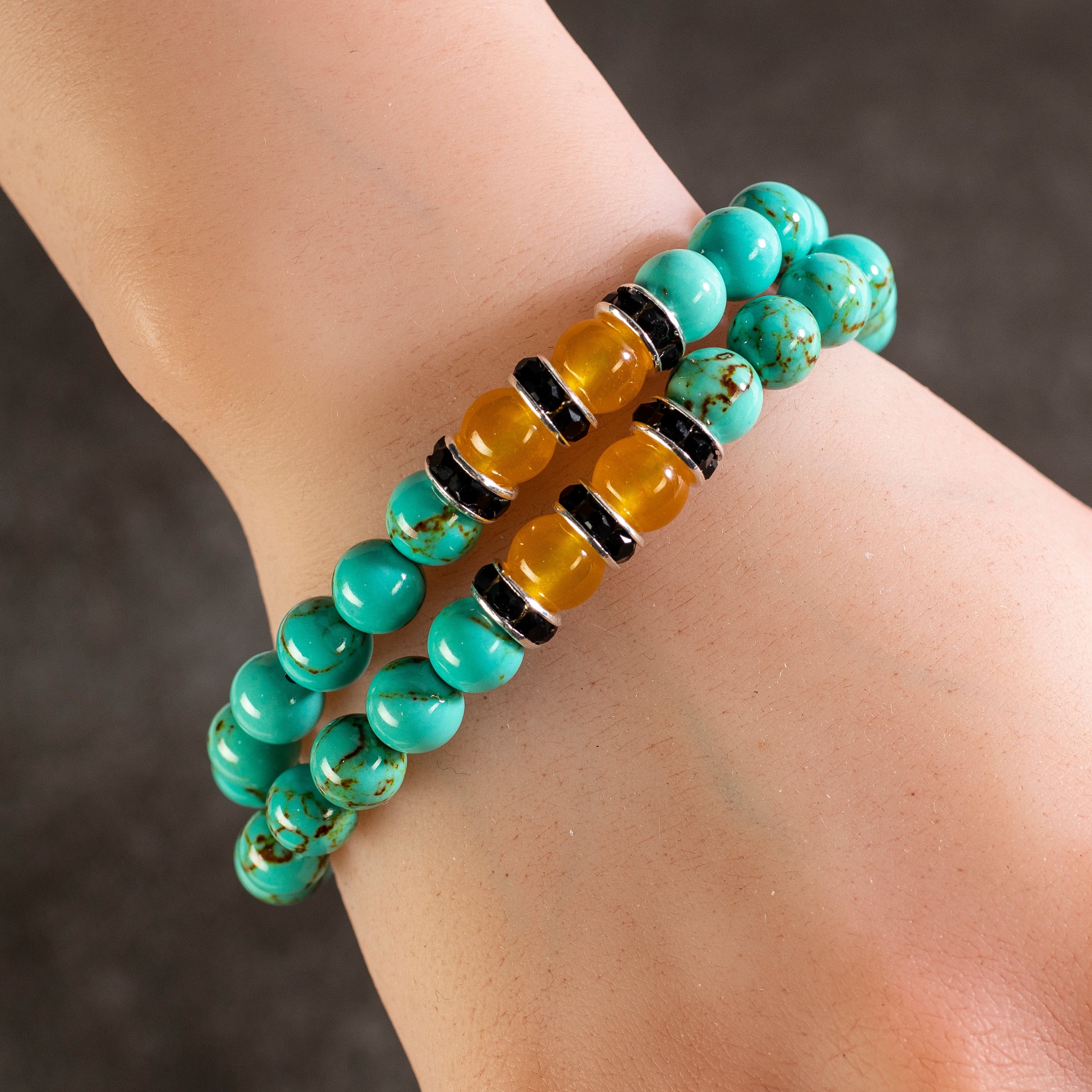 Kalifano Gemstone Bracelets Howlite Turquoise 8mm Beads with Yellow Agate and Black and Silver Accent Beads Double Wrap Elastic Gemstone Bracelet WHITE-BGI2-011