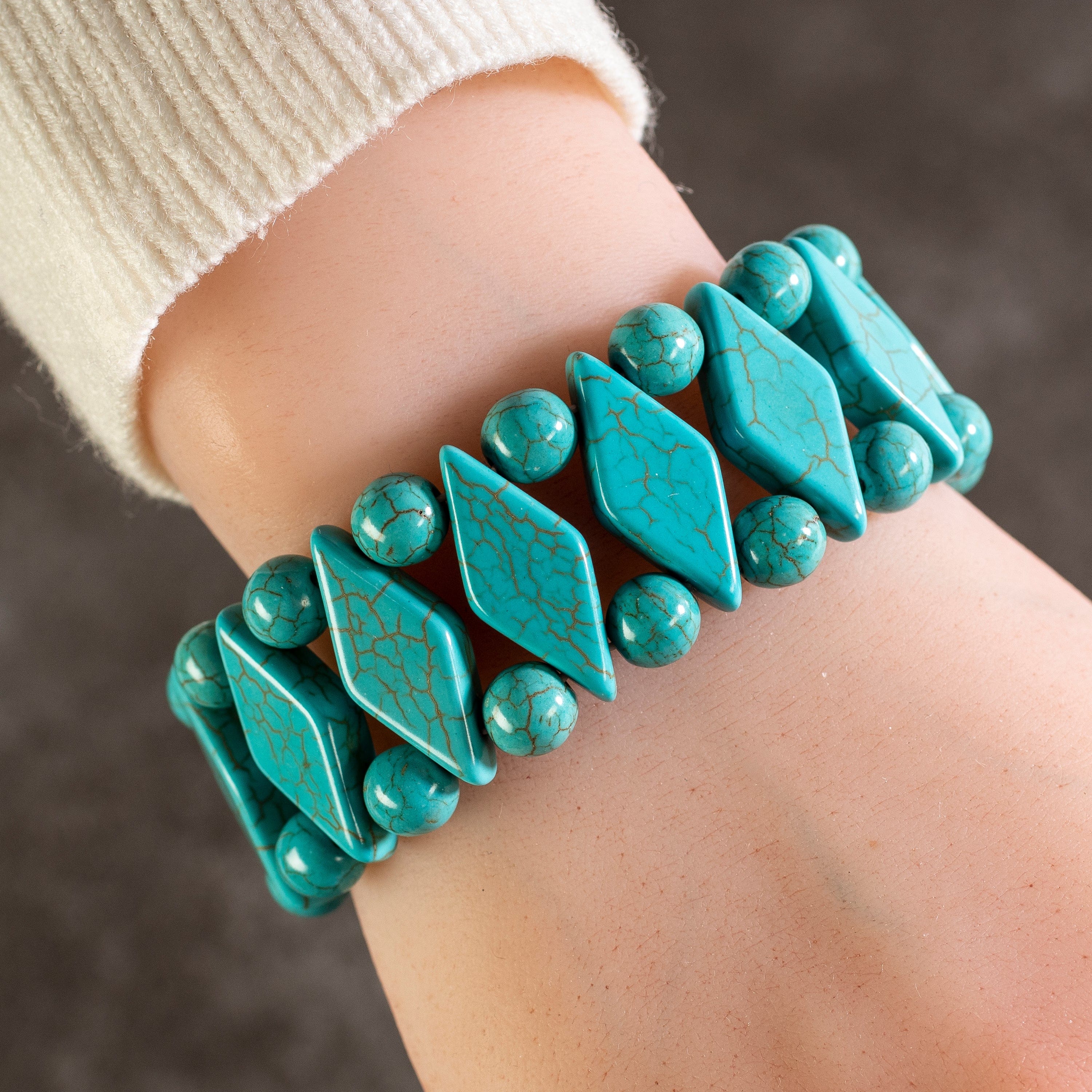 Kalifano Gemstone Bracelets Howlite Turquoise Diamond and Round Bead Shape Gemstone Elastic Bracelet WHITE-BGP-004