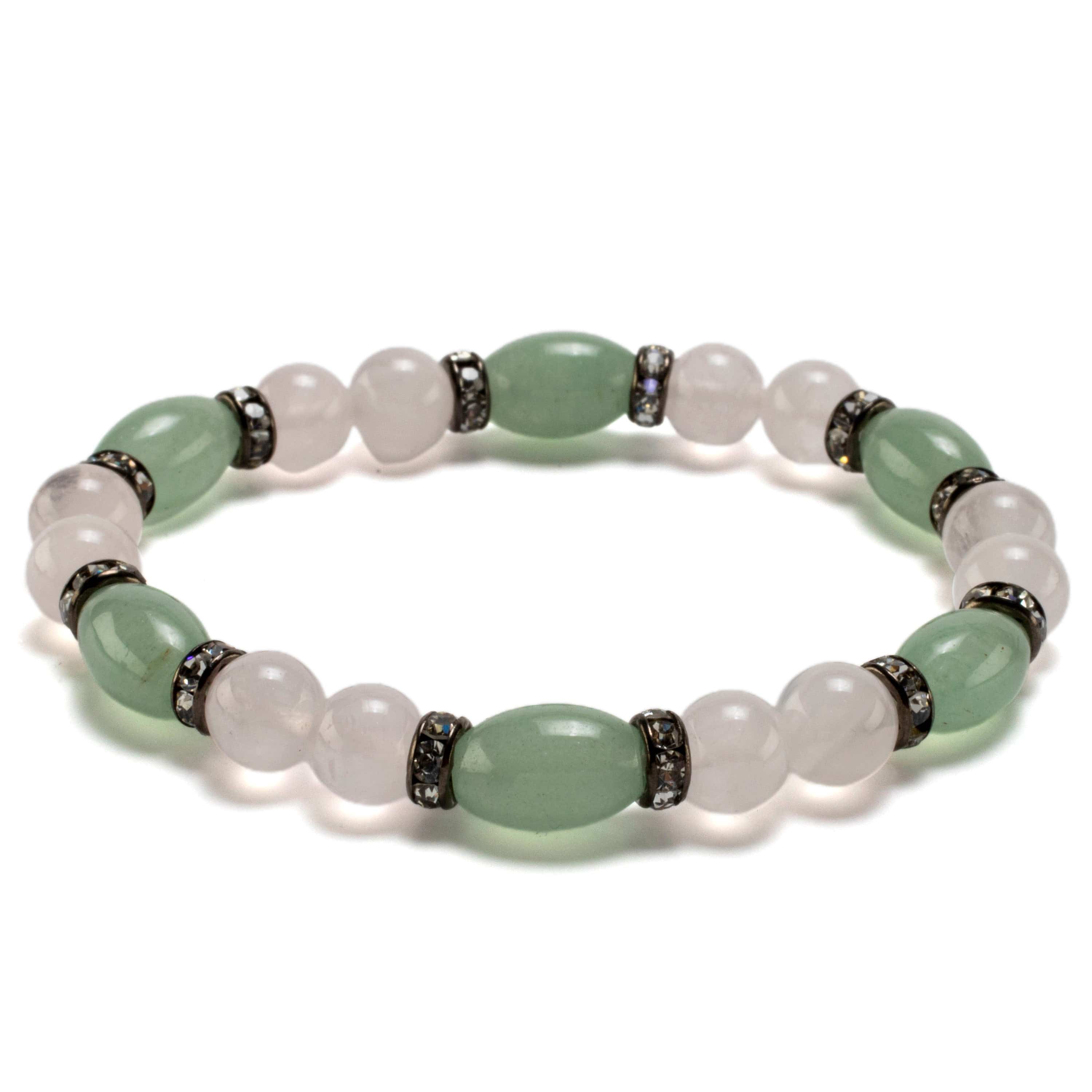 Kalifano Gemstone Bracelets Oval Aventurine and Round Rose Quartz with Crystal Accent Beads Gemstone Elastic Bracelet BLUE-BGP-031