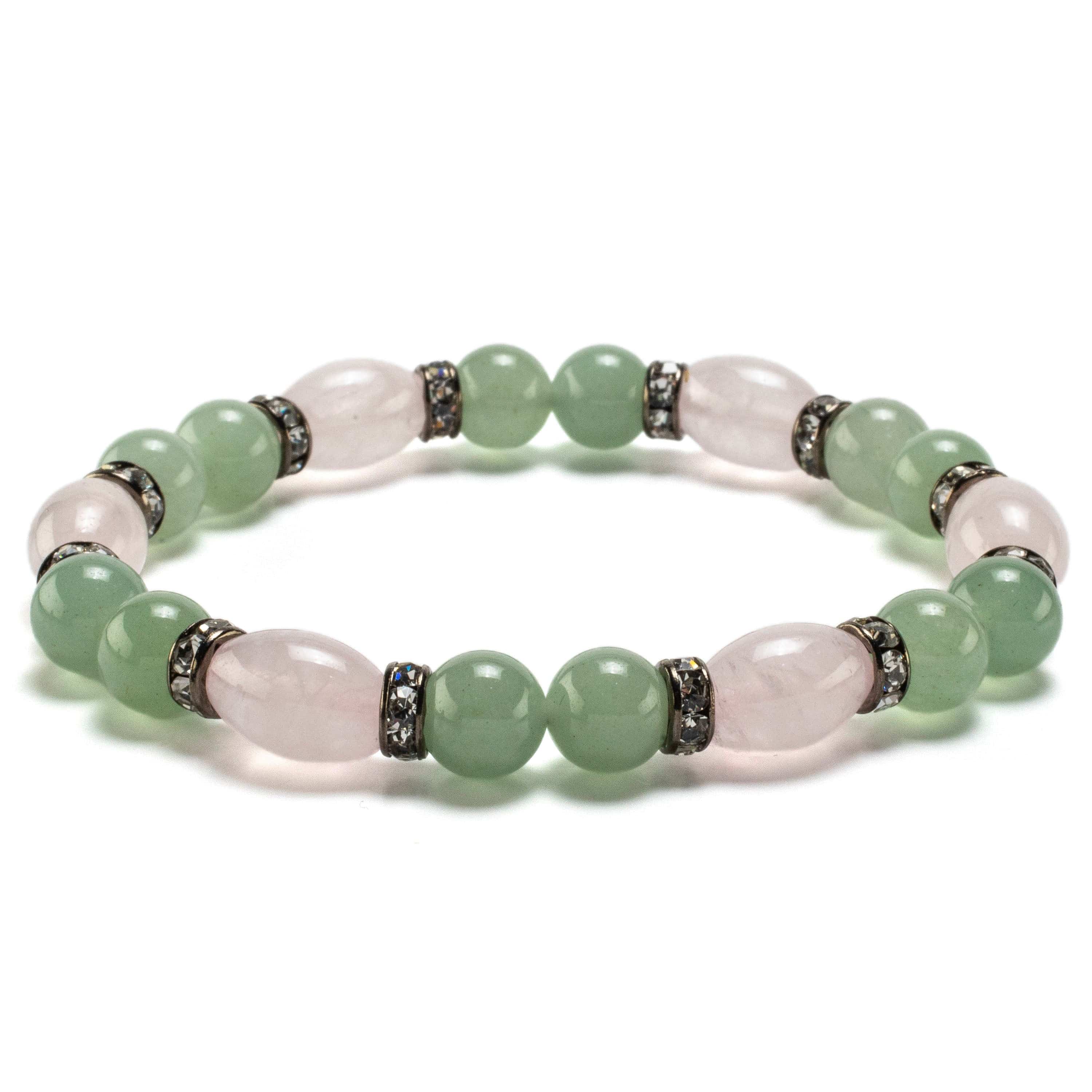 Kalifano Gemstone Bracelets Oval Rose Quartz and Round Aventurine with Crystal Accent Beads Gemstone Elastic Bracelet BLUE-BGP-034