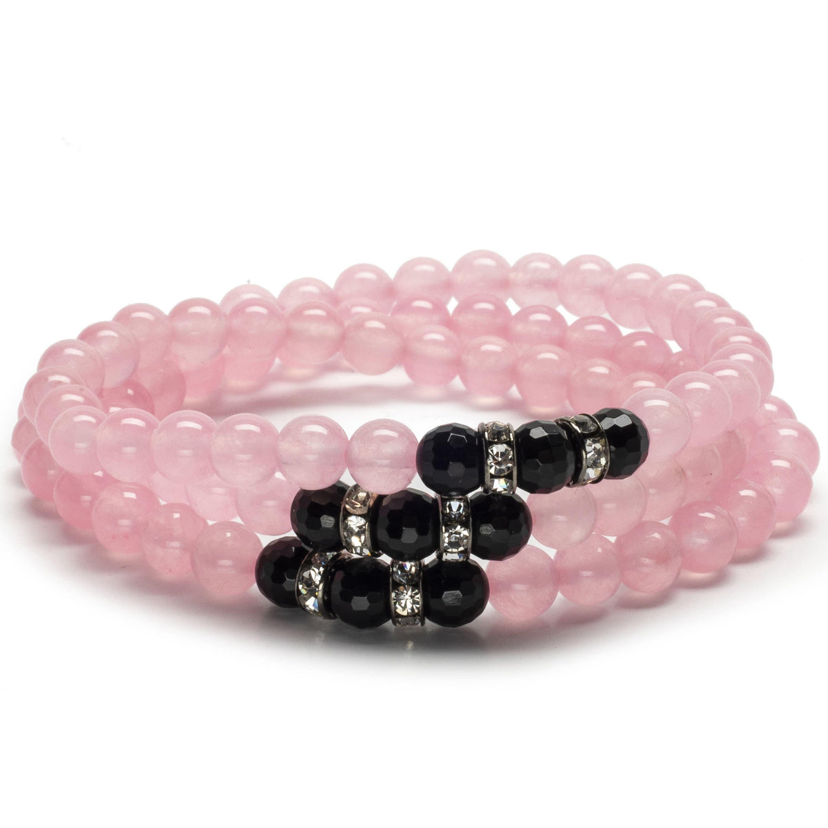 Kalifano Gemstone Bracelets Rose Quartz 6mm Beads with Black Agate Crystal Accent Beads Triple Wrap Elastic Gemstone Bracelet WHITE-BGI3-034