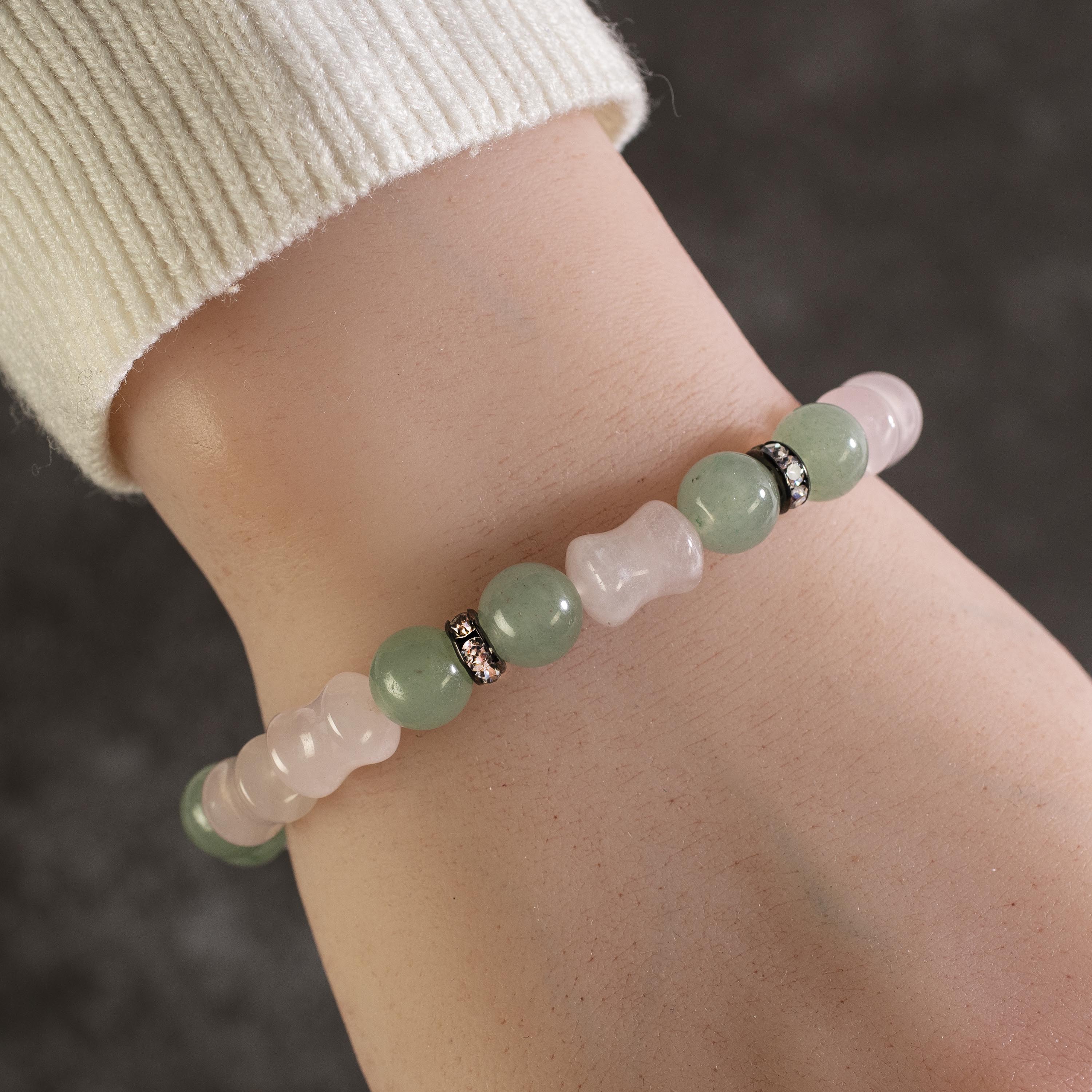 Kalifano Gemstone Bracelets Rose Quartz and Aventurine Gemstone Bead Elastic Bracelet with Crystal Accent Beads WHITE-BGP-009