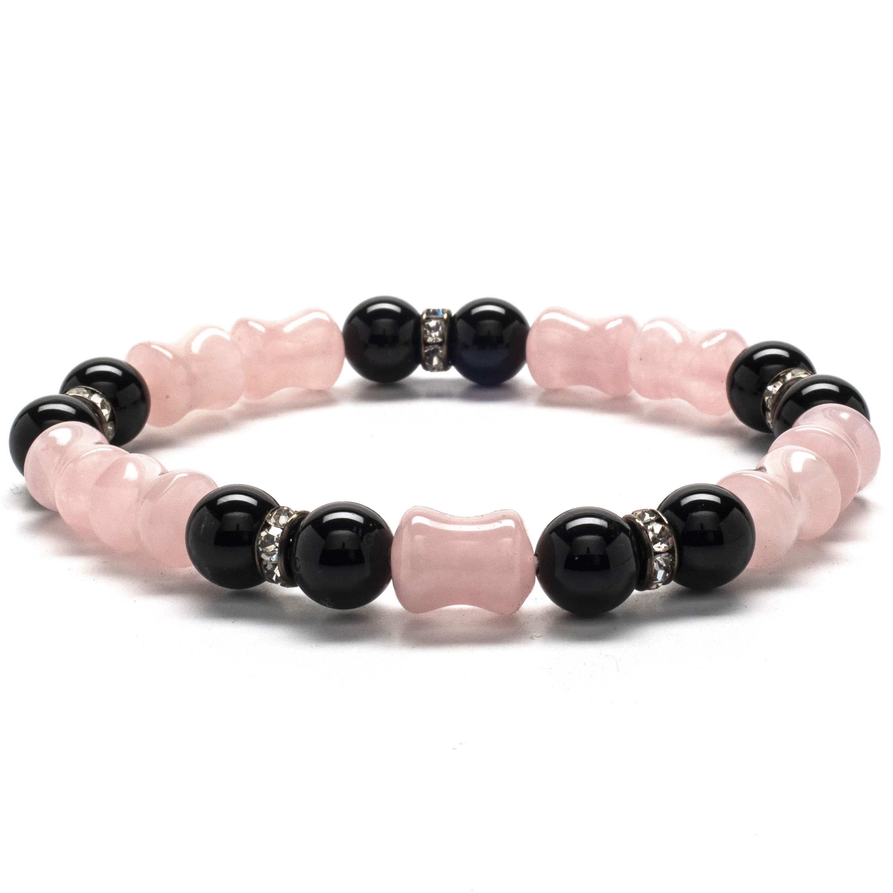 Kalifano Gemstone Bracelets Rose Quartz and Black Agate Crystal Accent Beads Gemstone Elastic Bracelet WHITE-BGP-033