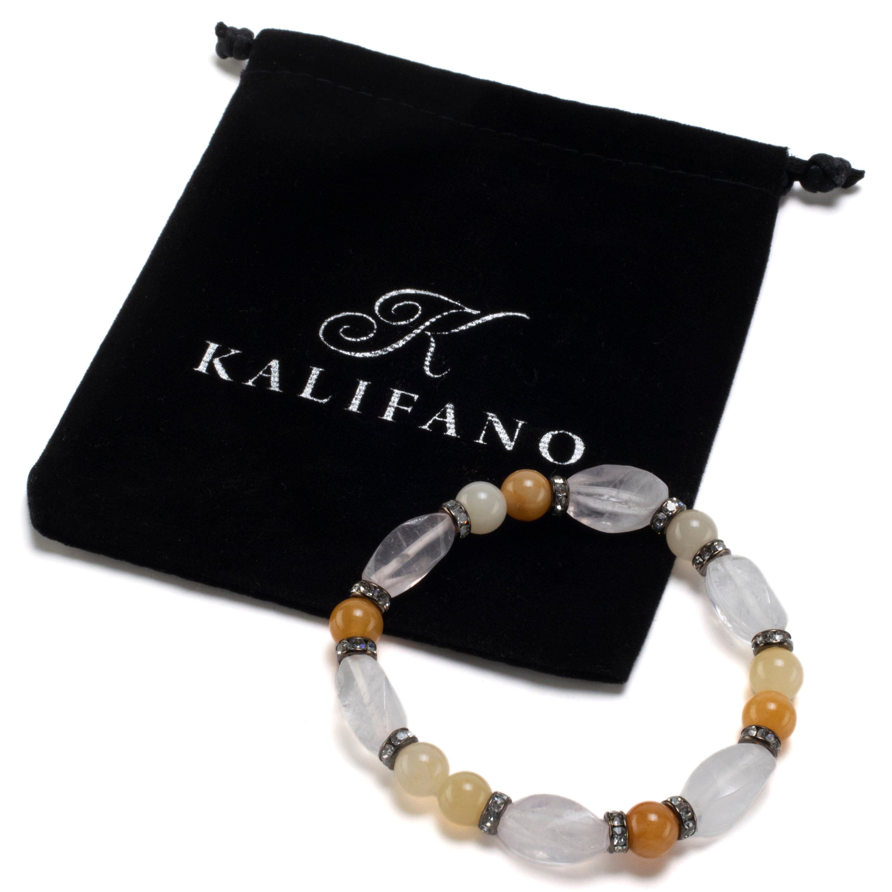 Kalifano Gemstone Bracelets Rose Quartz Twisted Bead and Round Butter Jade with Crystal Accent Beads Gemstone Elastic Bracelet BLUE-BGP-025