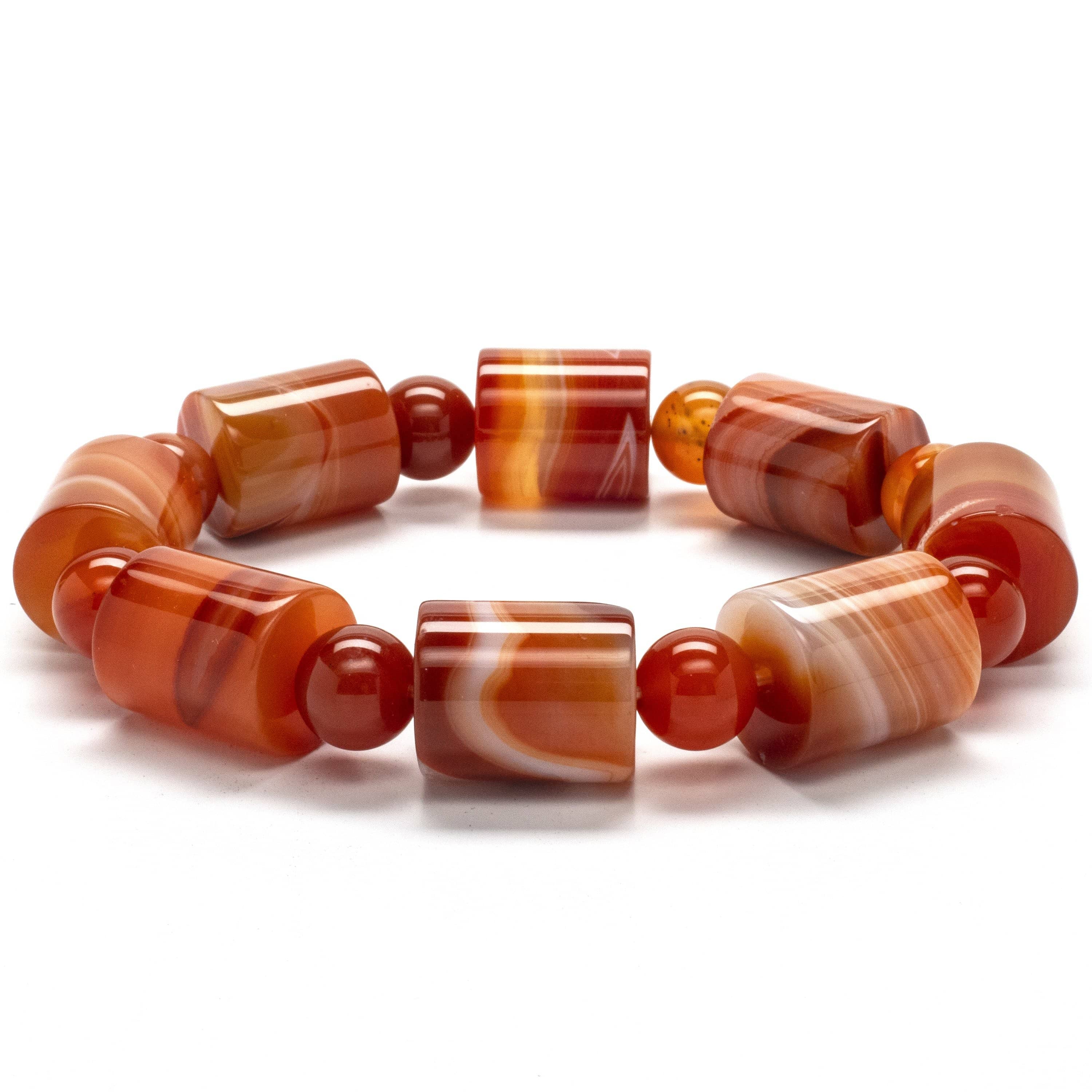 Kalifano Gemstone Bracelets Round and Cylindrical Carnelian Gemstone Elastic Bracelet WHITE-BGP-020
