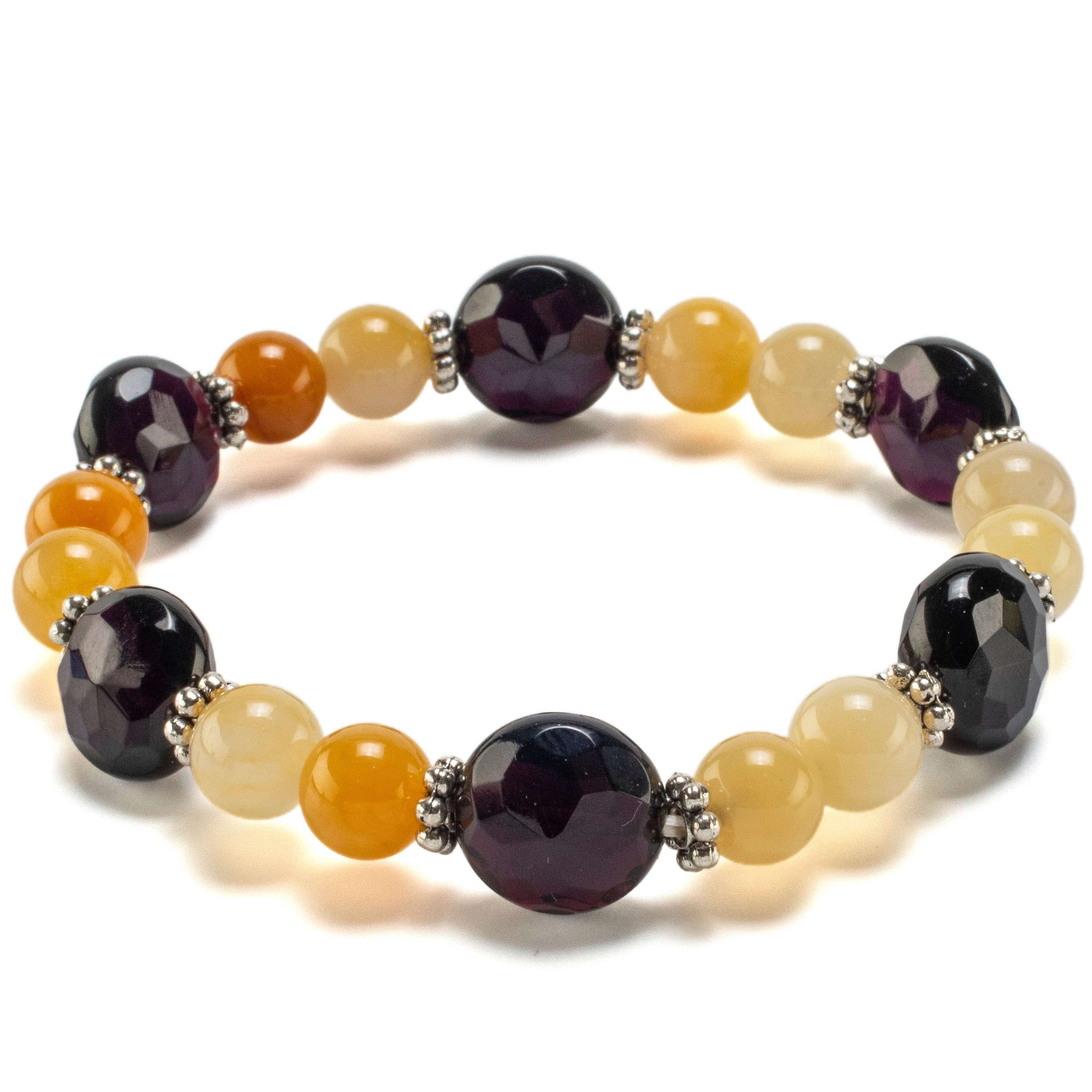 Kalifano Gemstone Bracelets Round Butter Jade and Faceted Flat Circle Black Agate with Accent Beads Gemstone Elastic Bracelet BLUE-BGP-040